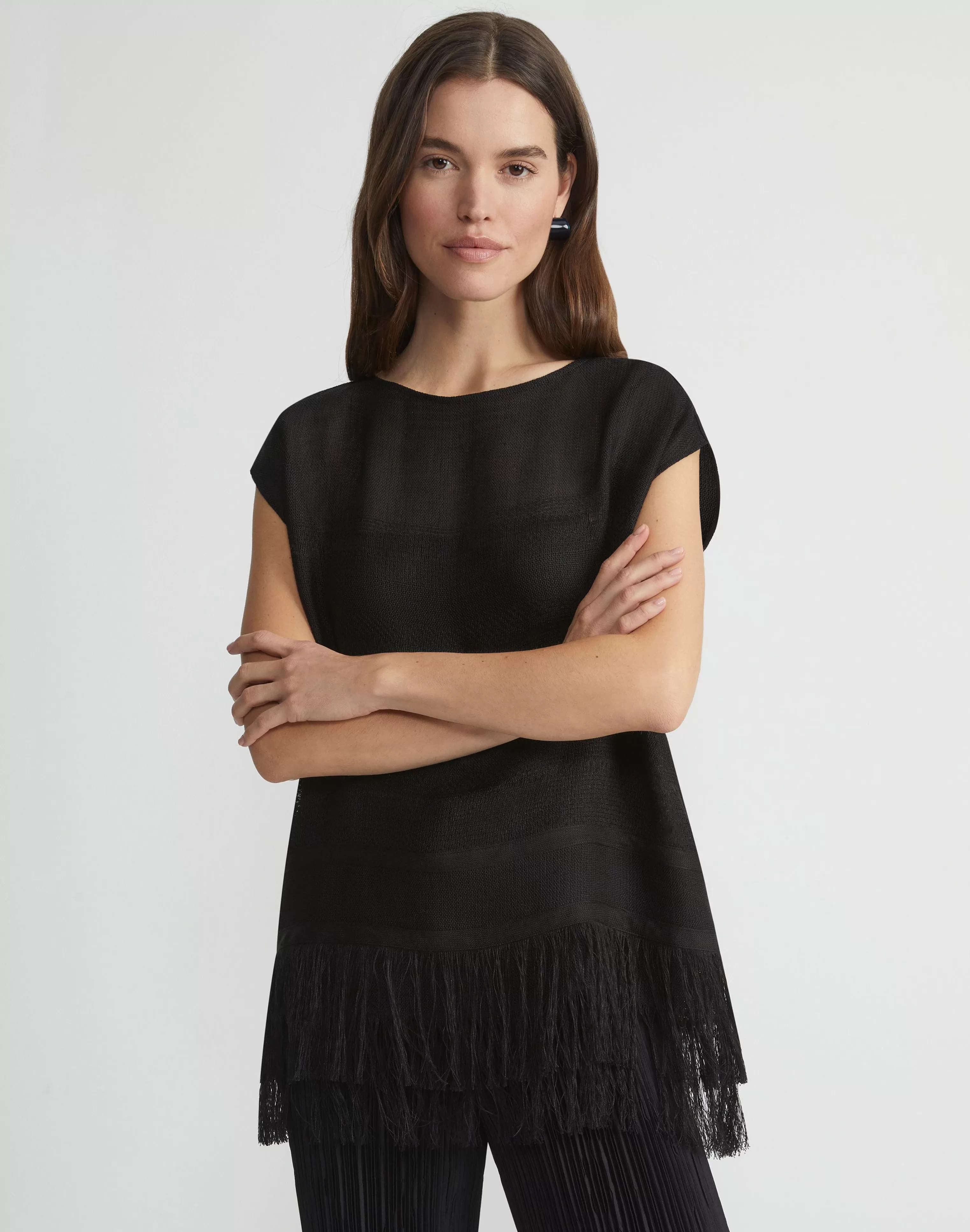 Burlap Jacquard Linen-Viscose Fringed Blouse<Lafayette 148 New York Fashion