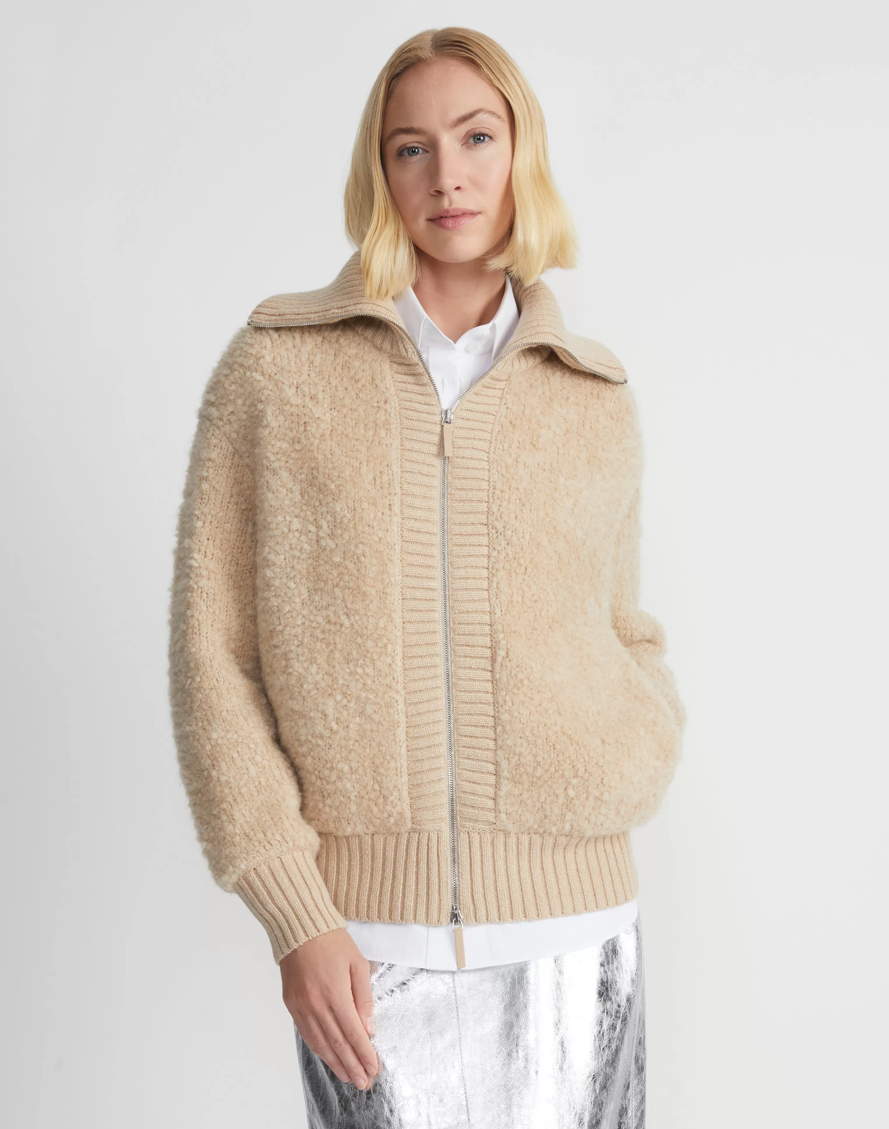 Camel Hair-Silk Bouclé Collared Cardigan<Lafayette 148 New York Shop