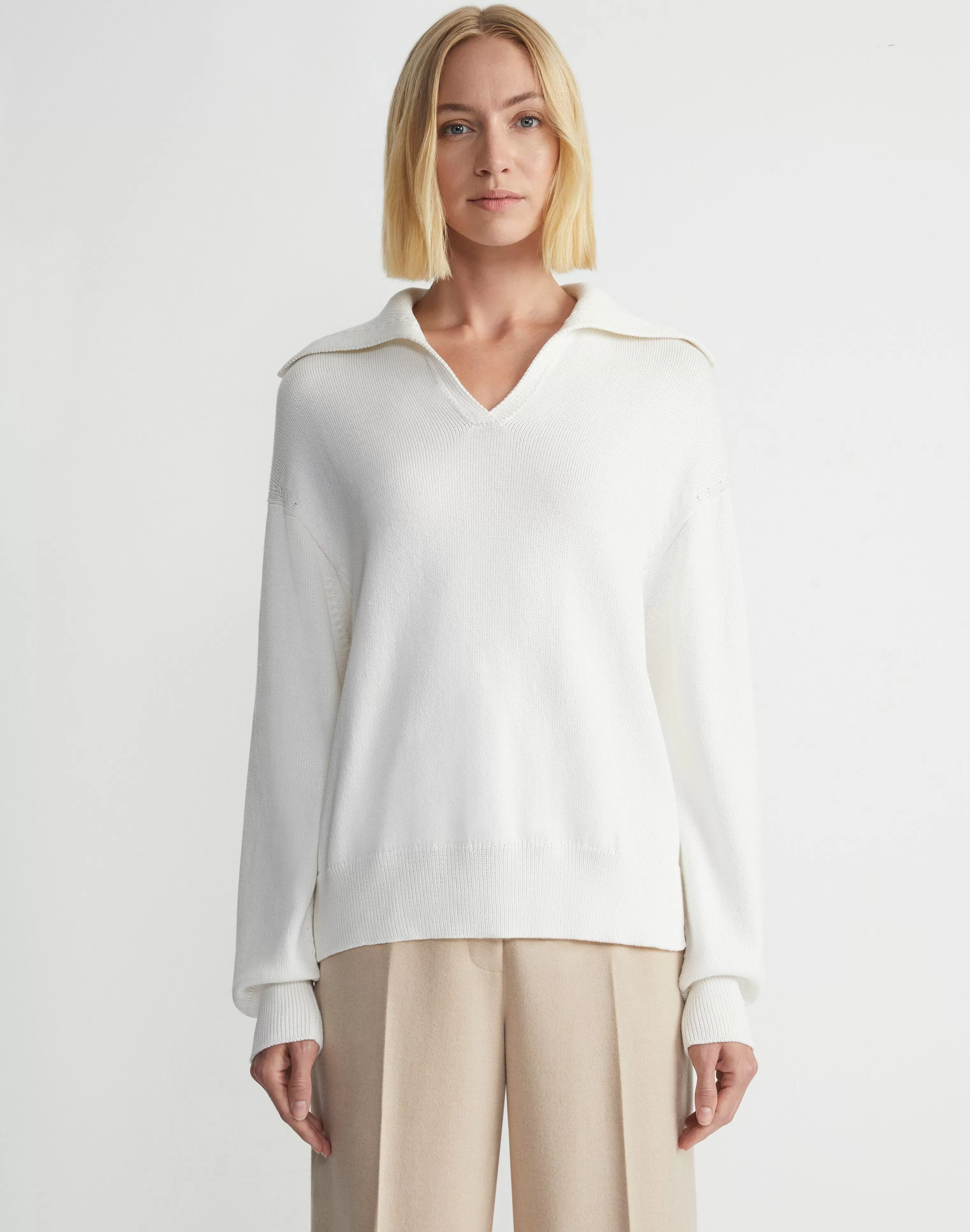 Cotton-Silk Tape Collared Sweater<Lafayette 148 New York Sale