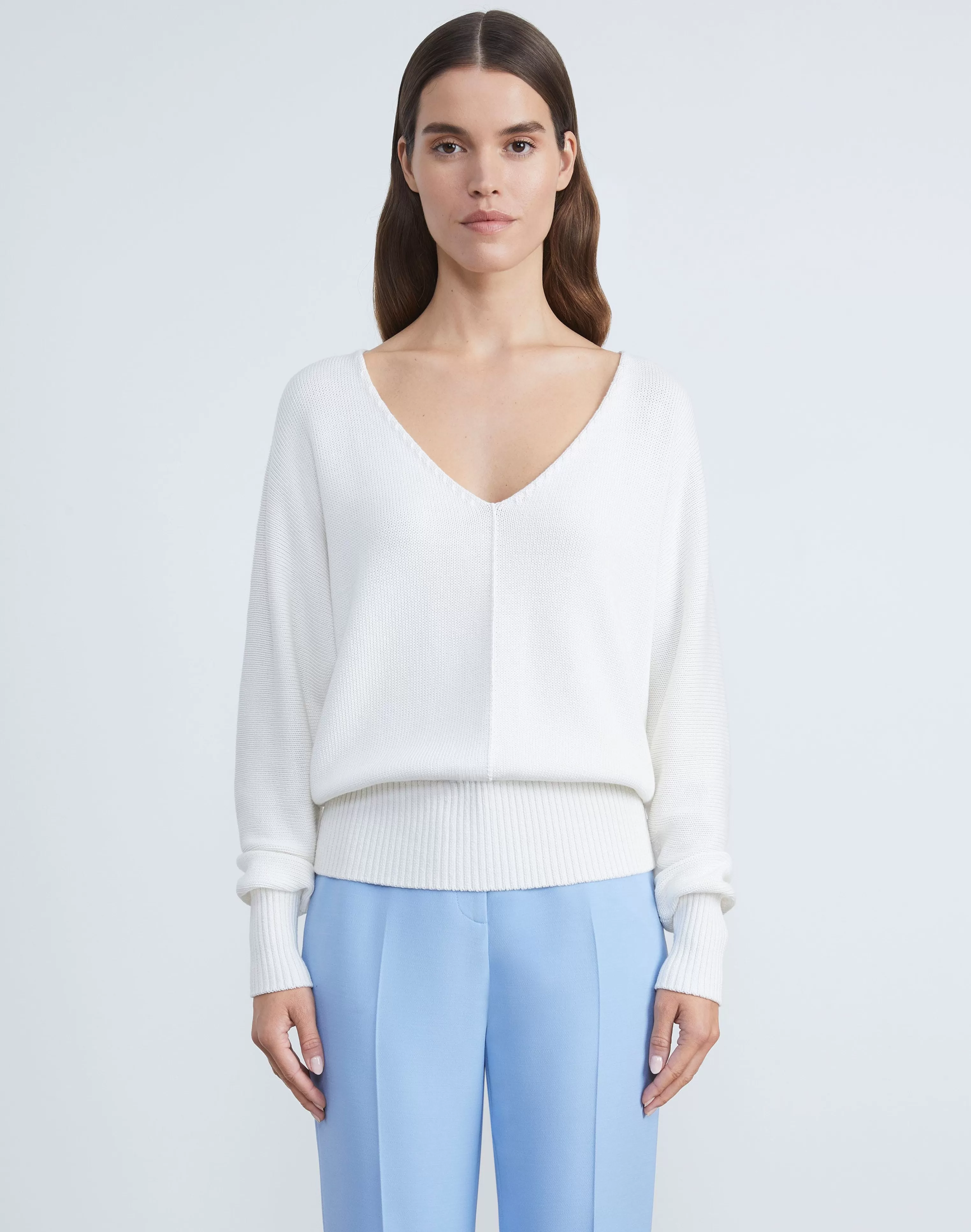 Cotton-Silk Tape Wide V-Neck Dolman Sweater<Lafayette 148 New York Best