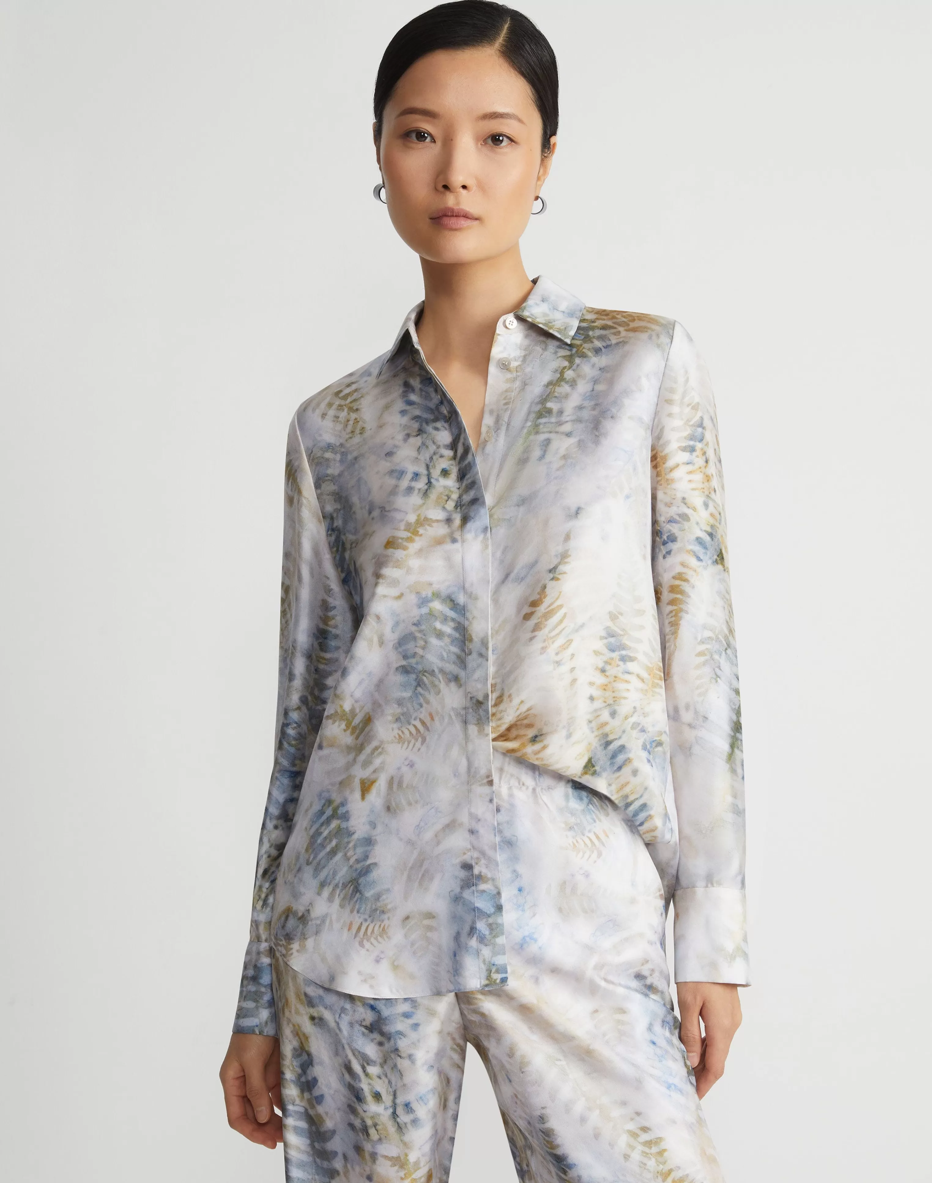 Eco Fern Print Silk Twill Buttoned Blouse<Lafayette 148 New York Shop