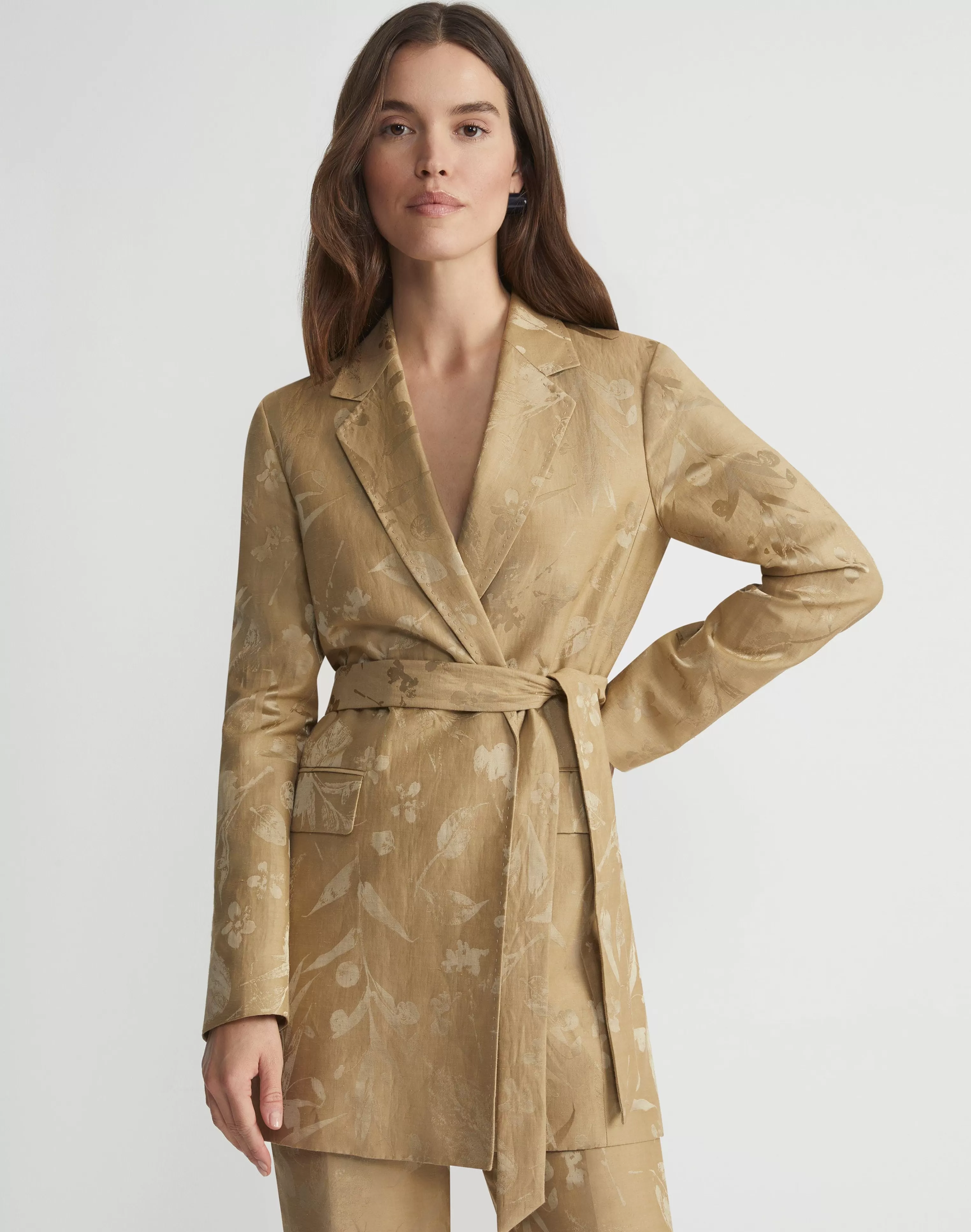 Eco Flora Jacquard Linen-Viscose Belted Blazer<Lafayette 148 New York Best Sale