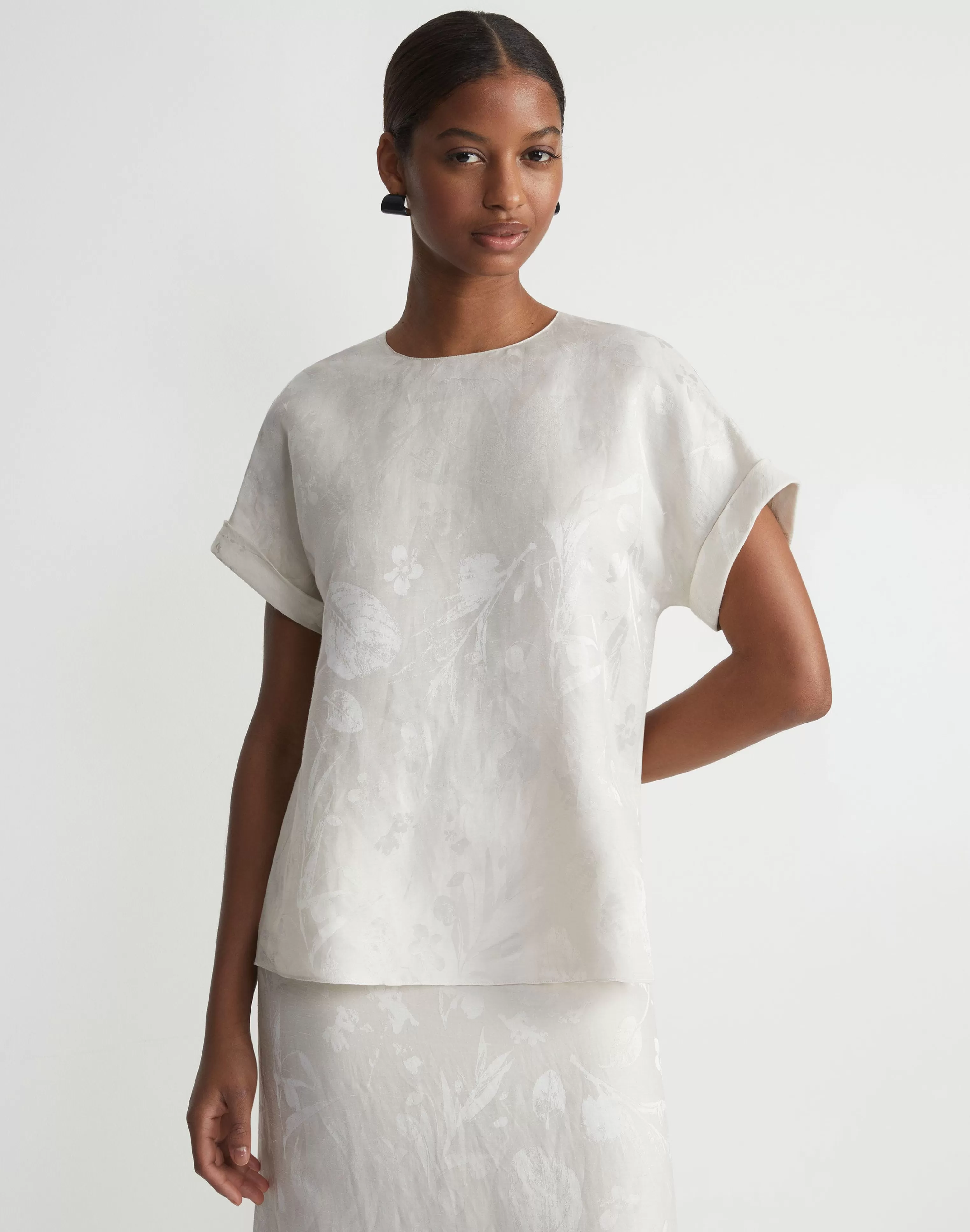 Eco Flora Jacquard Linen-Viscose T-Shirt Blouse<Lafayette 148 New York Store