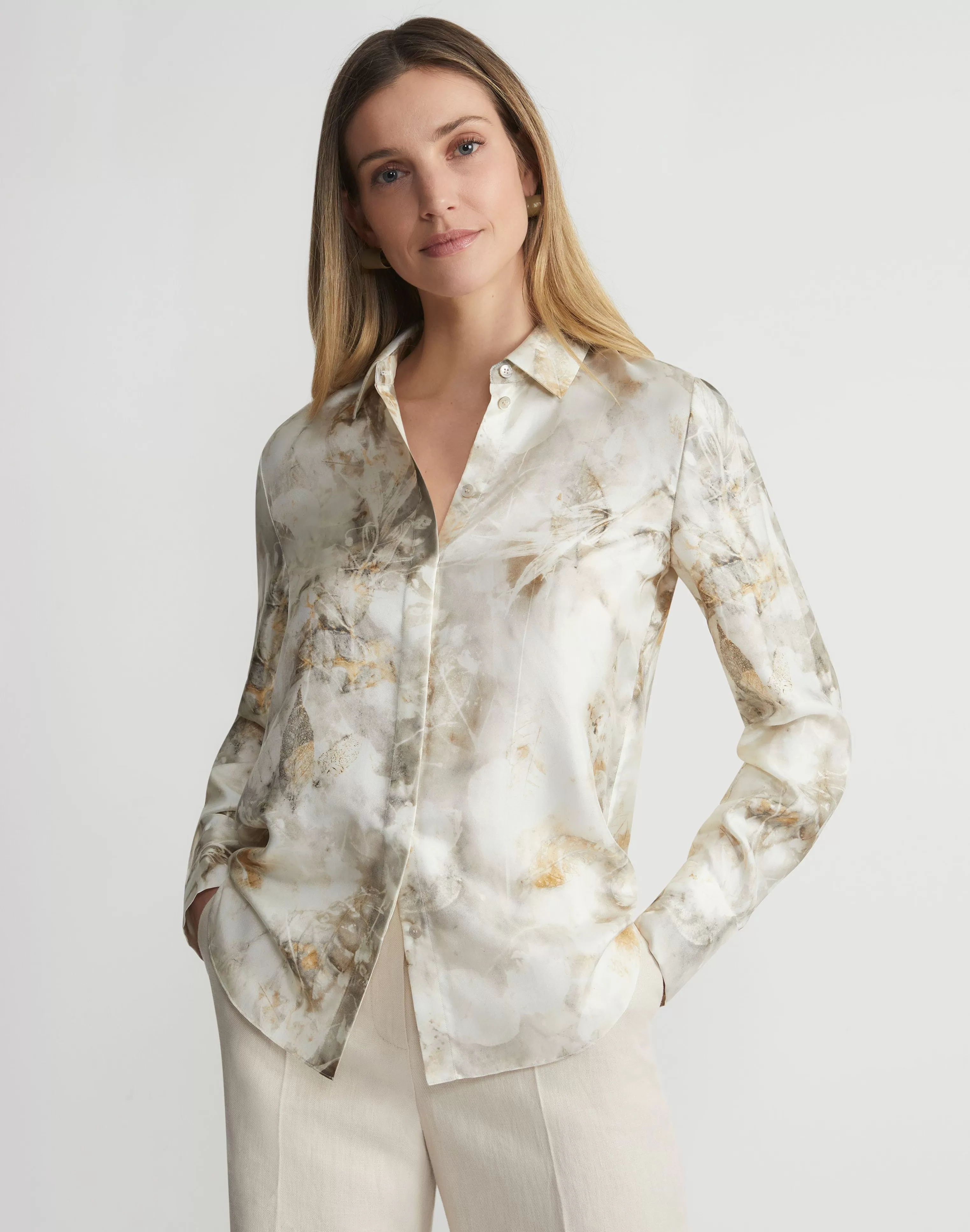 Eco Leaves Print Silk Twill Buttoned Blouse<Lafayette 148 New York New