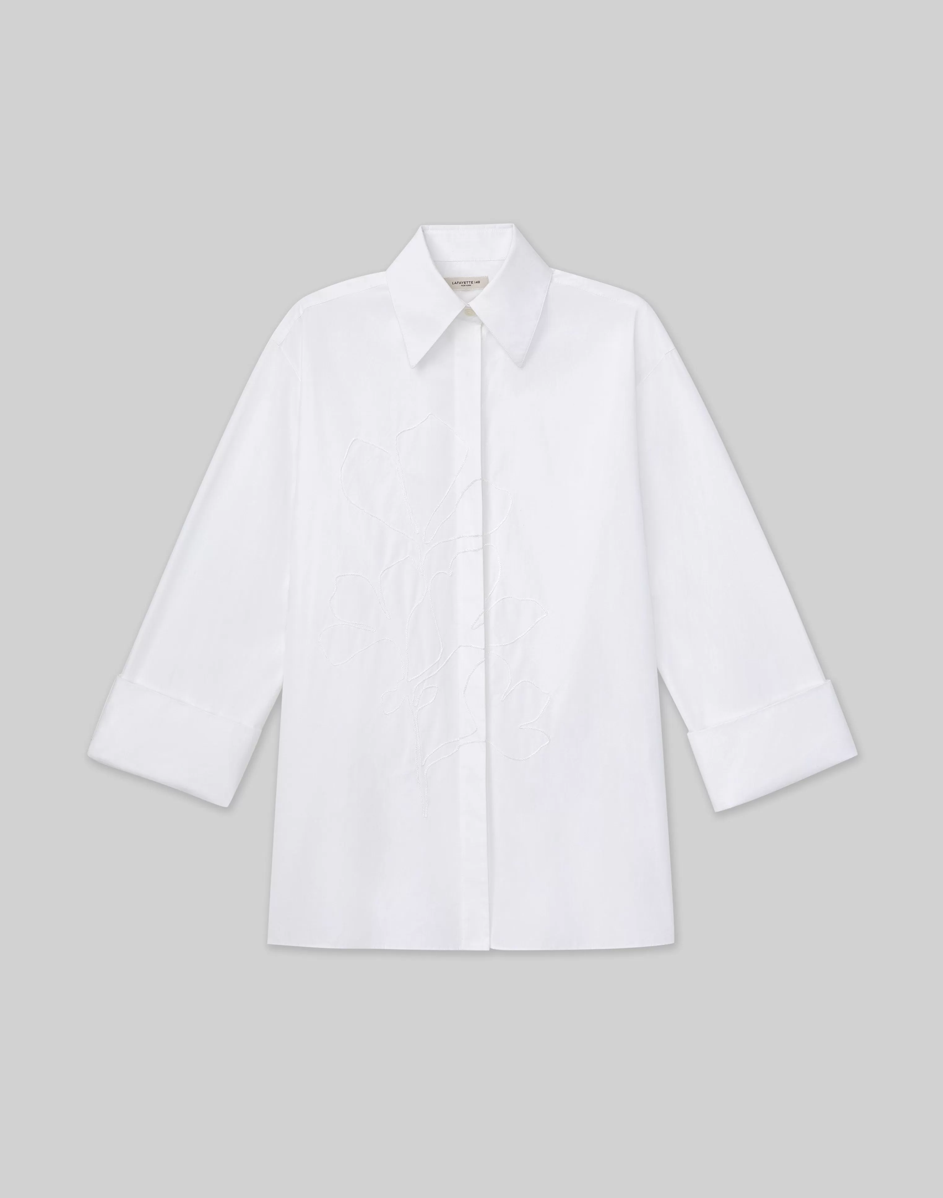 Embroidered Rose Organic Cotton Poplin Oversized Shirt<Lafayette 148 New York Hot