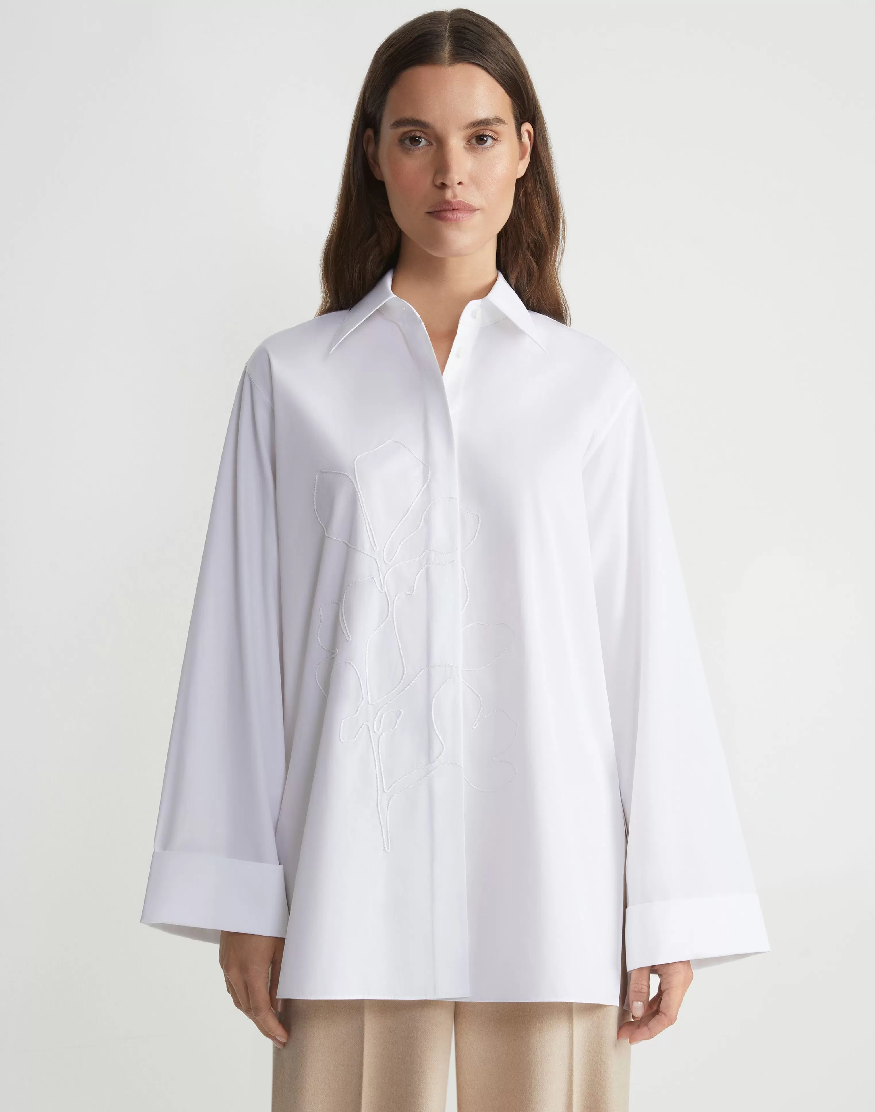 Embroidered Rose Organic Cotton Poplin Oversized Shirt<Lafayette 148 New York Hot