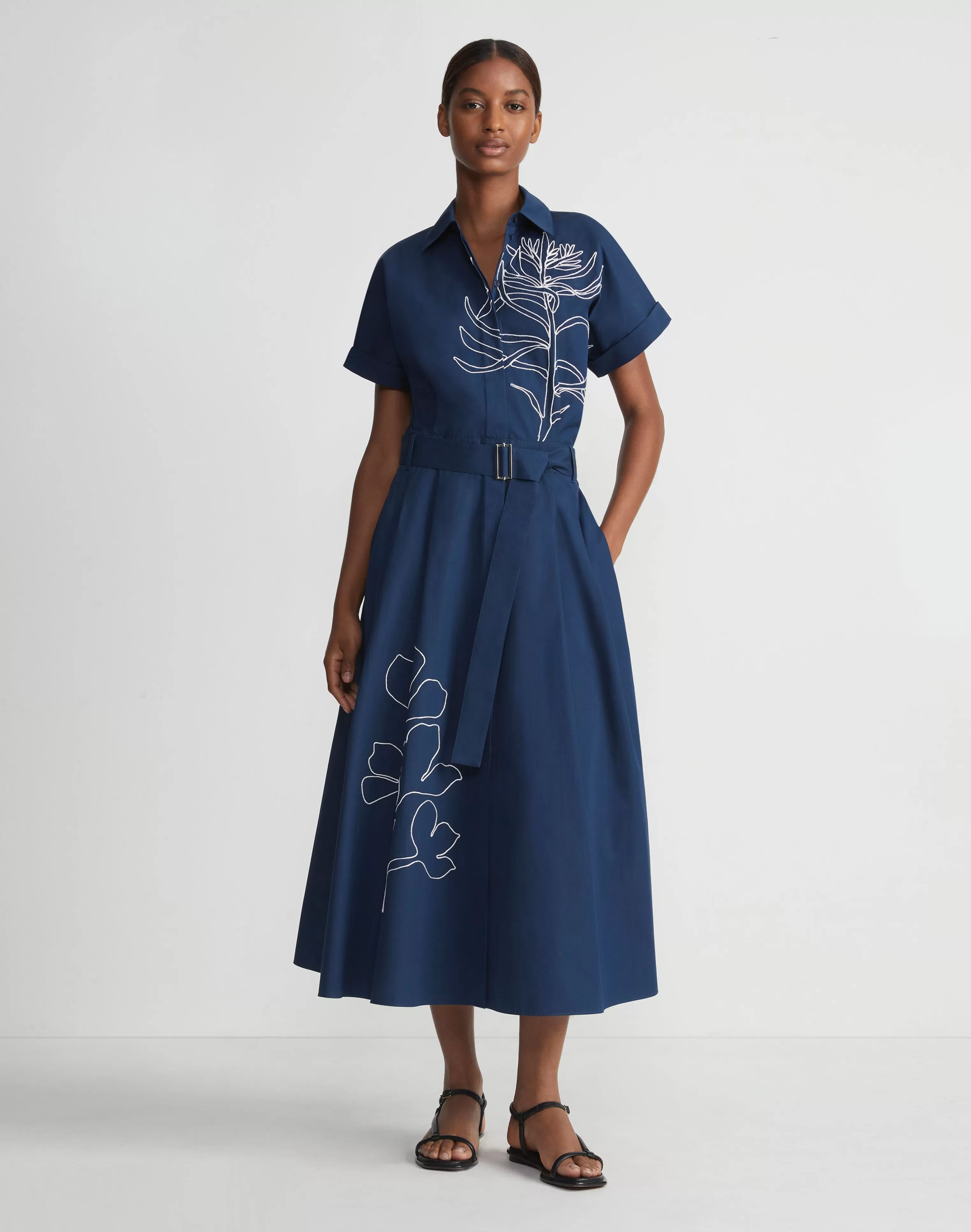 Embroidered Rose Organic Cotton Poplin Shirtdress<Lafayette 148 New York Cheap