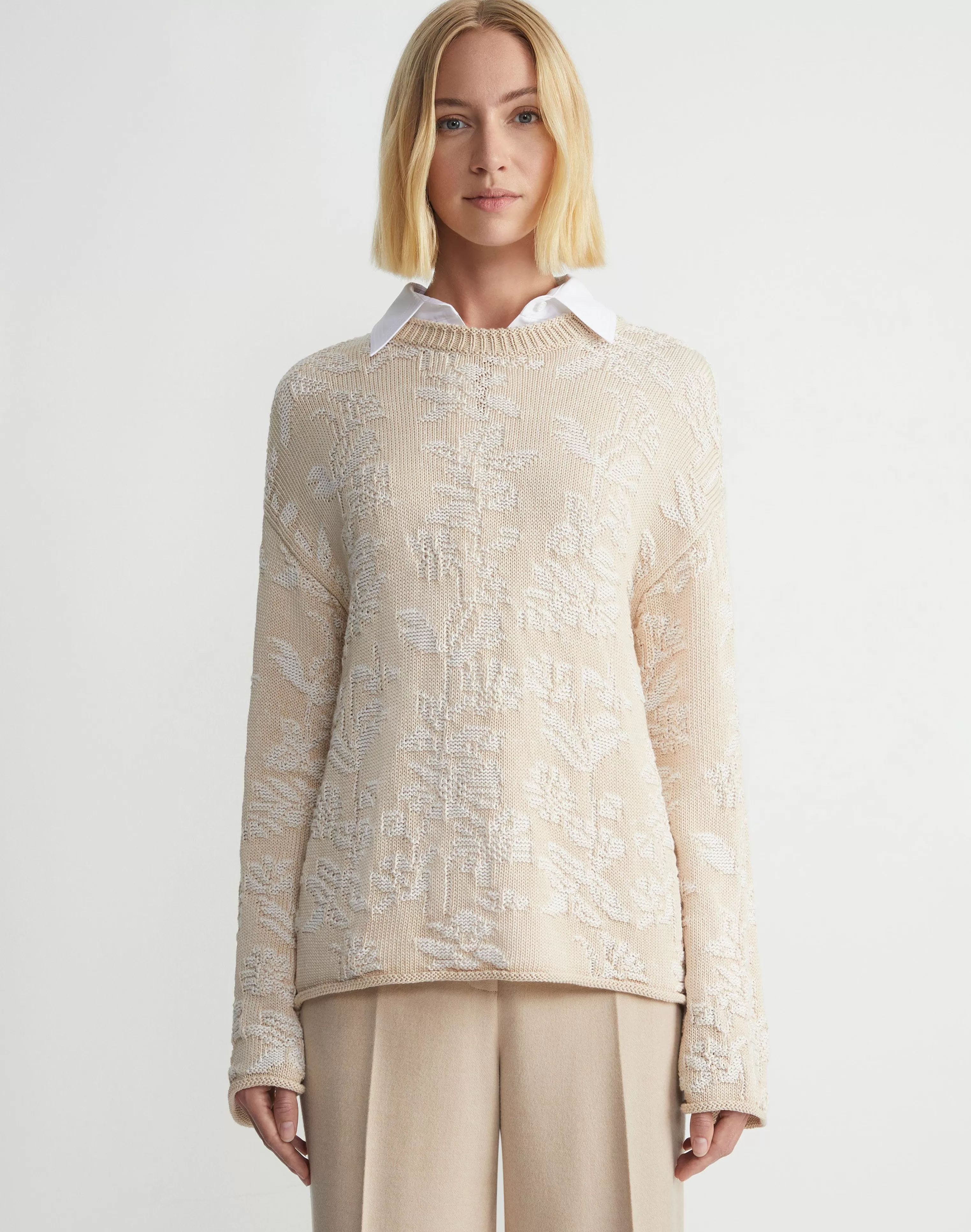 Flora Bloom Cotton-Silk Tape Textured Stitch Sweater<Lafayette 148 New York Cheap