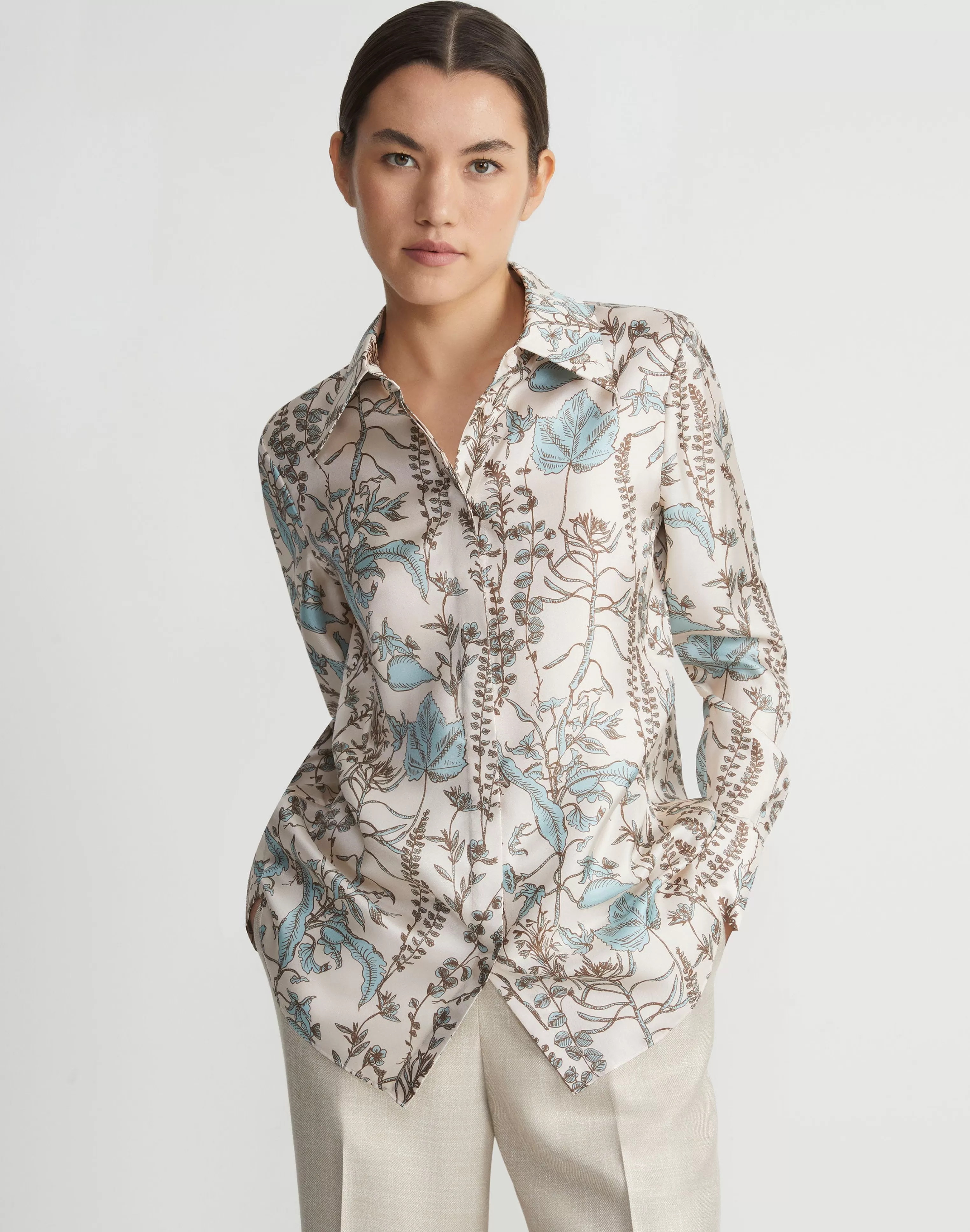 Flora Trail Print Silk Twill Collared Blouse<Lafayette 148 New York Best