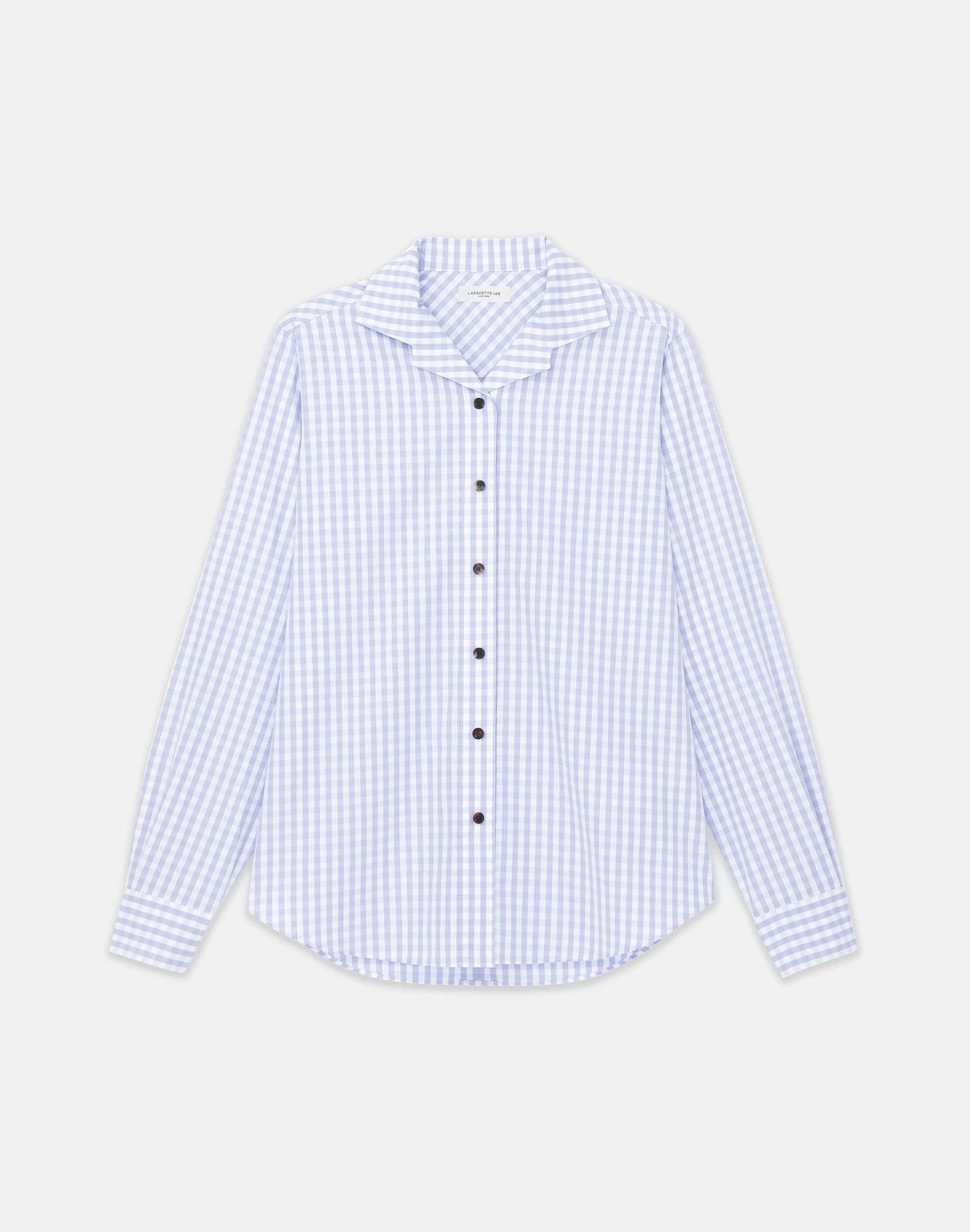 Gingham Cotton Poplin Notched Shawl Collar Shirt<Lafayette 148 New York Hot