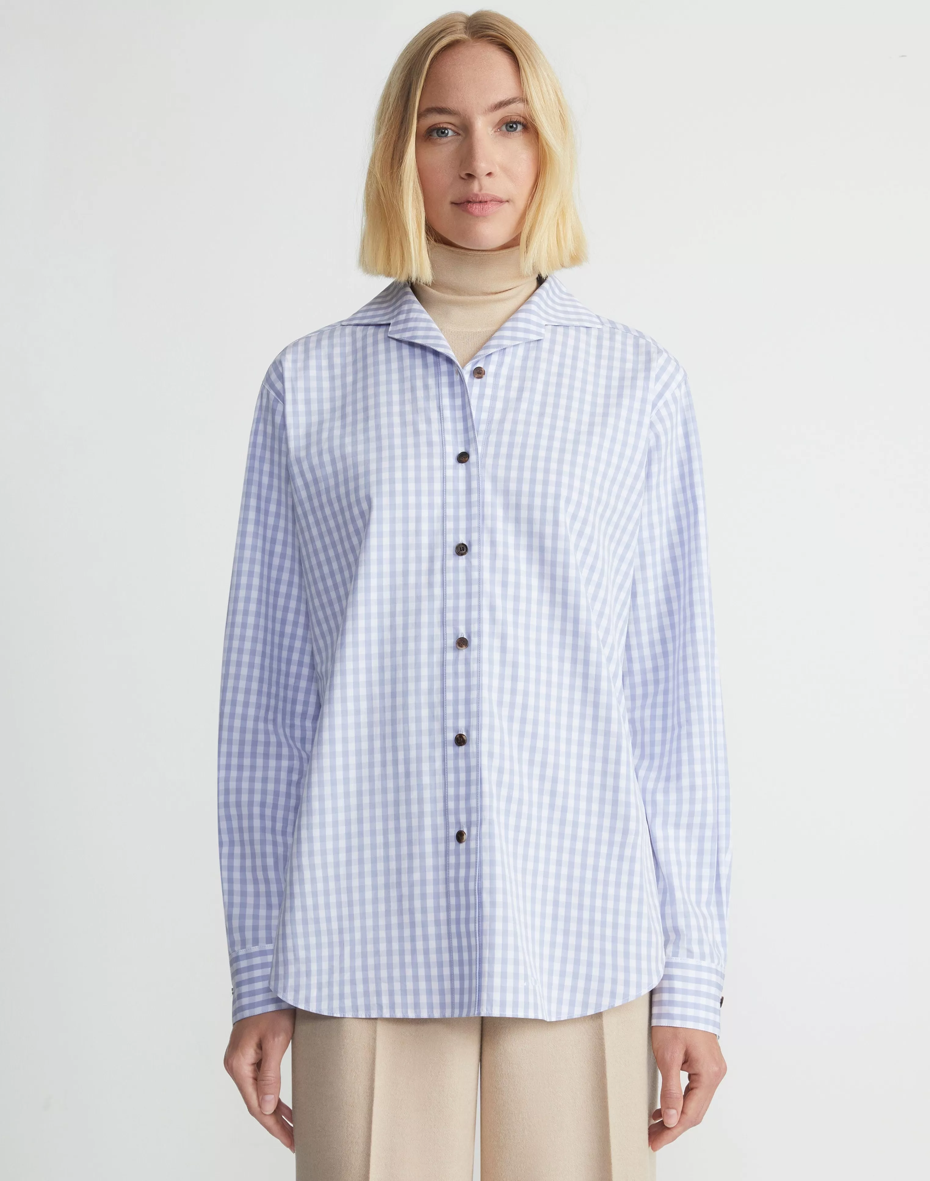 Gingham Cotton Poplin Notched Shawl Collar Shirt<Lafayette 148 New York Hot