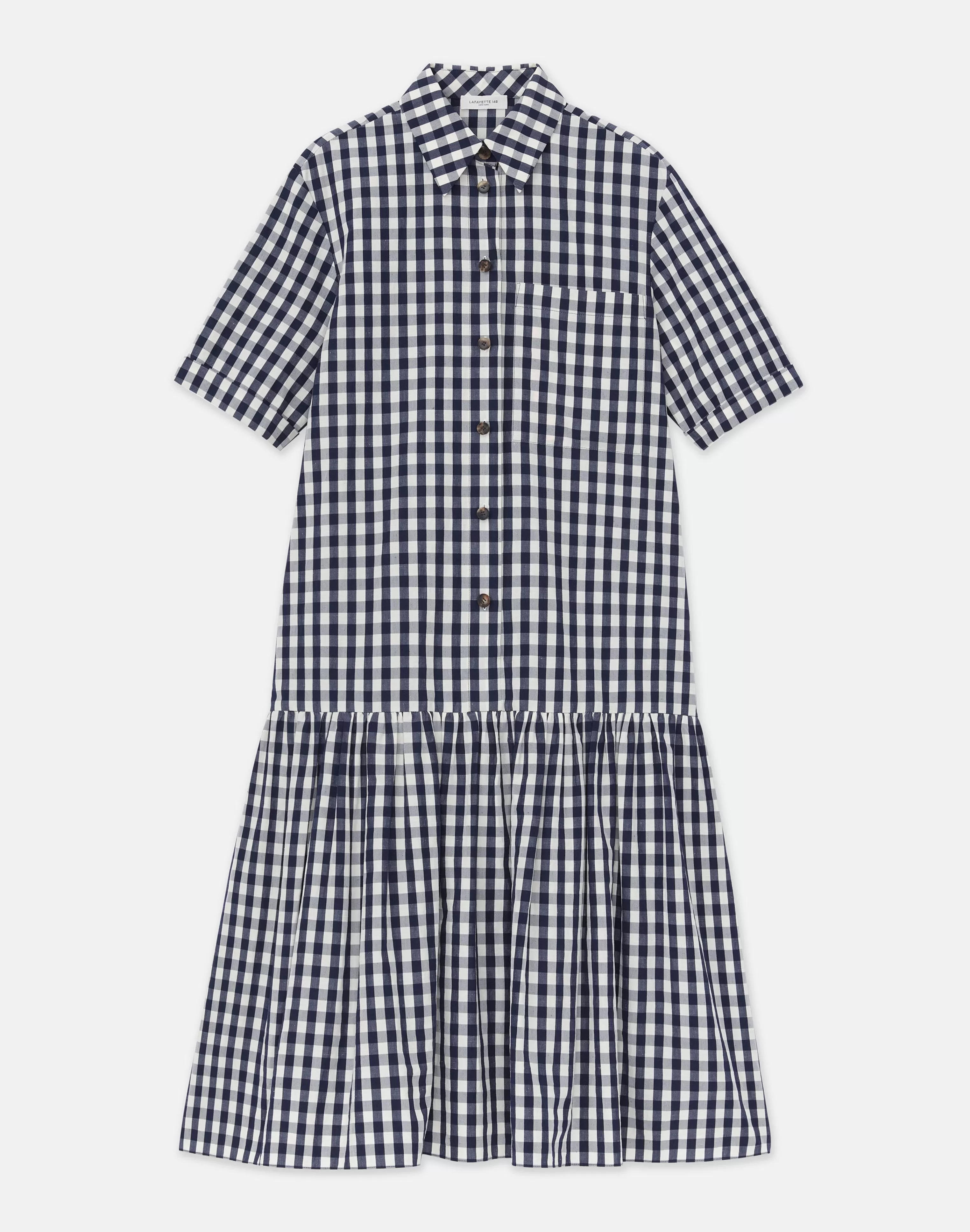 Gingham Crinkle Cotton-Linen Drop Waist Shirtdress<Lafayette 148 New York Clearance