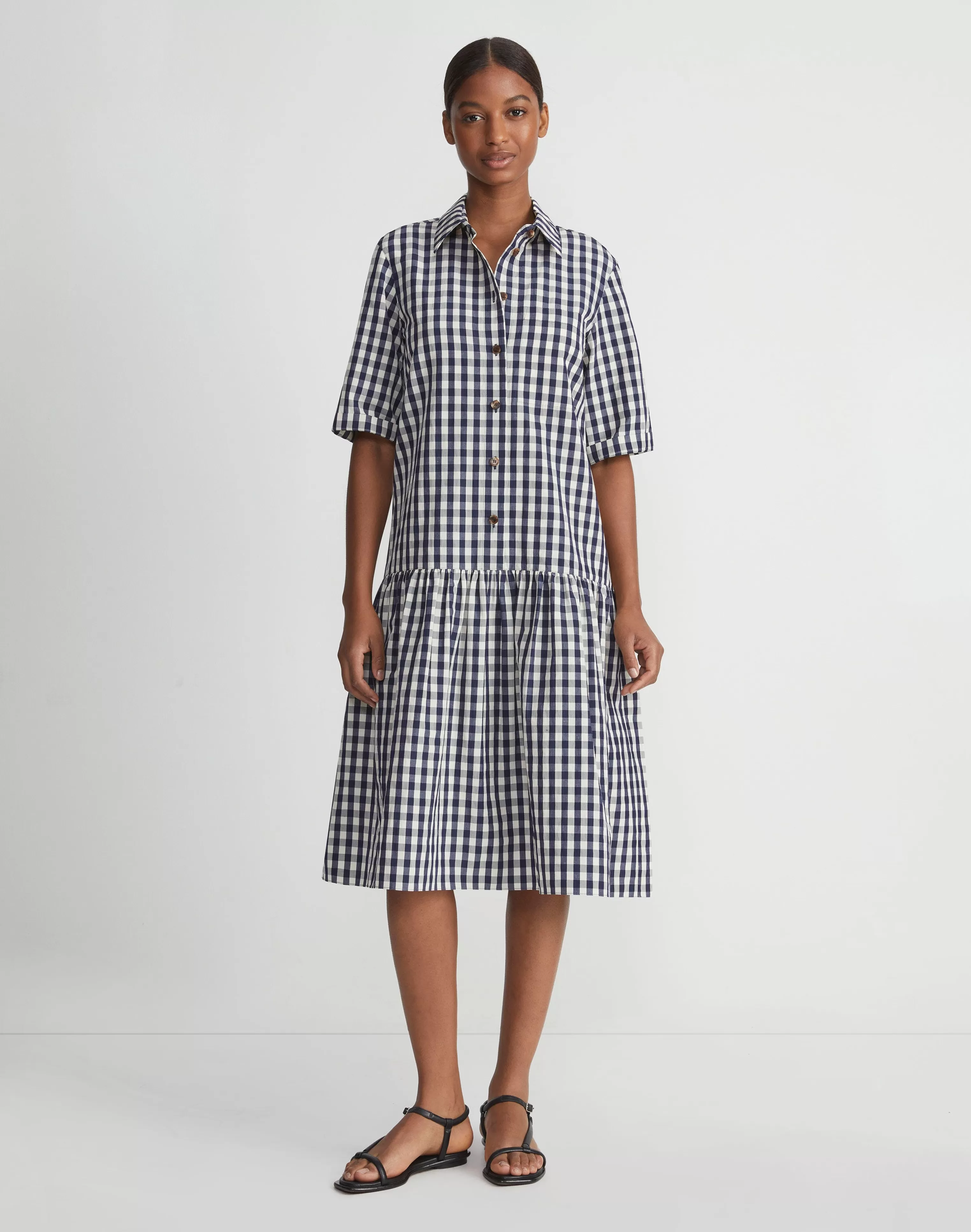 Gingham Crinkle Cotton-Linen Drop Waist Shirtdress<Lafayette 148 New York Clearance