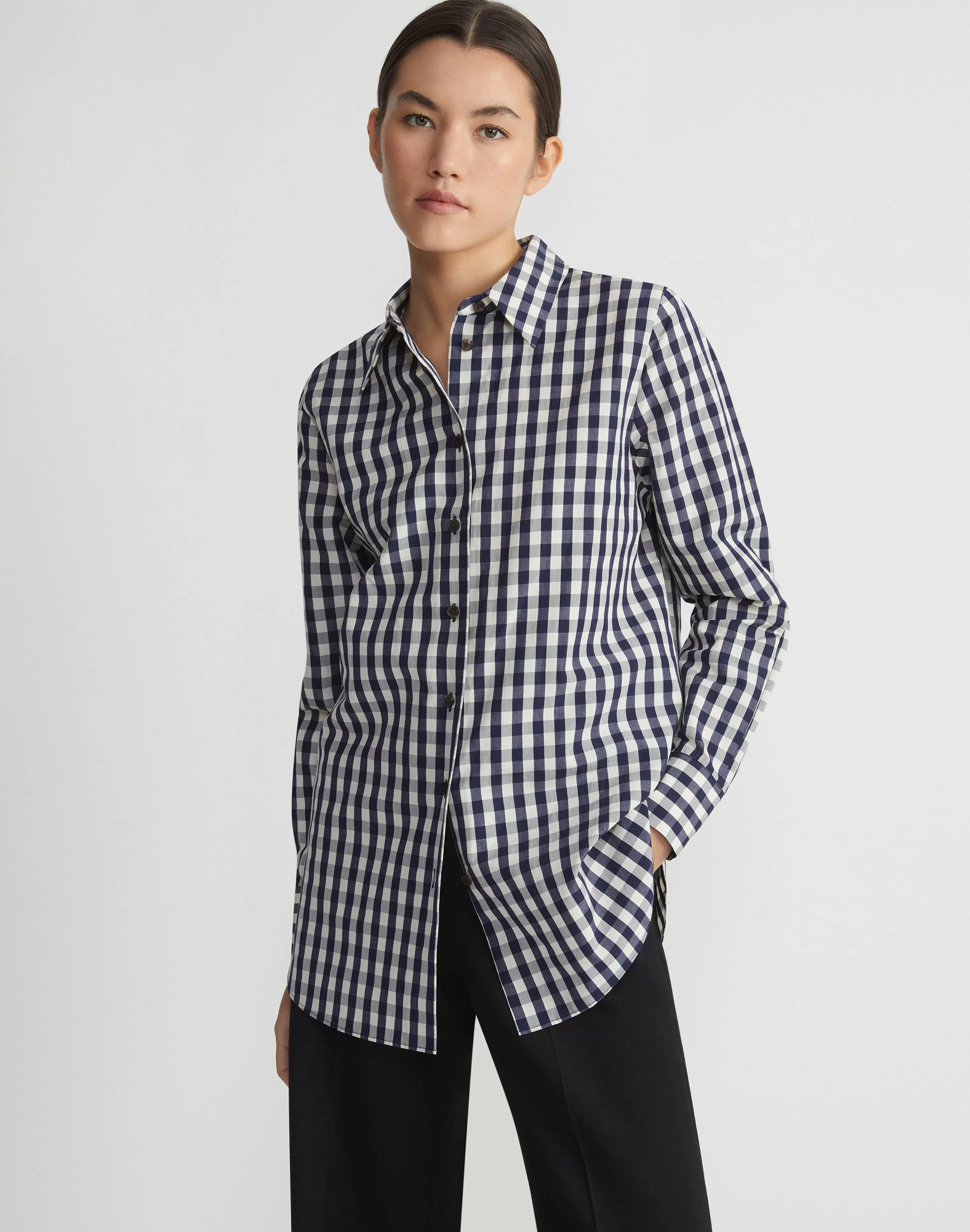 Gingham Crinkle Cotton-Linen Oversized Shirt<Lafayette 148 New York Flash Sale