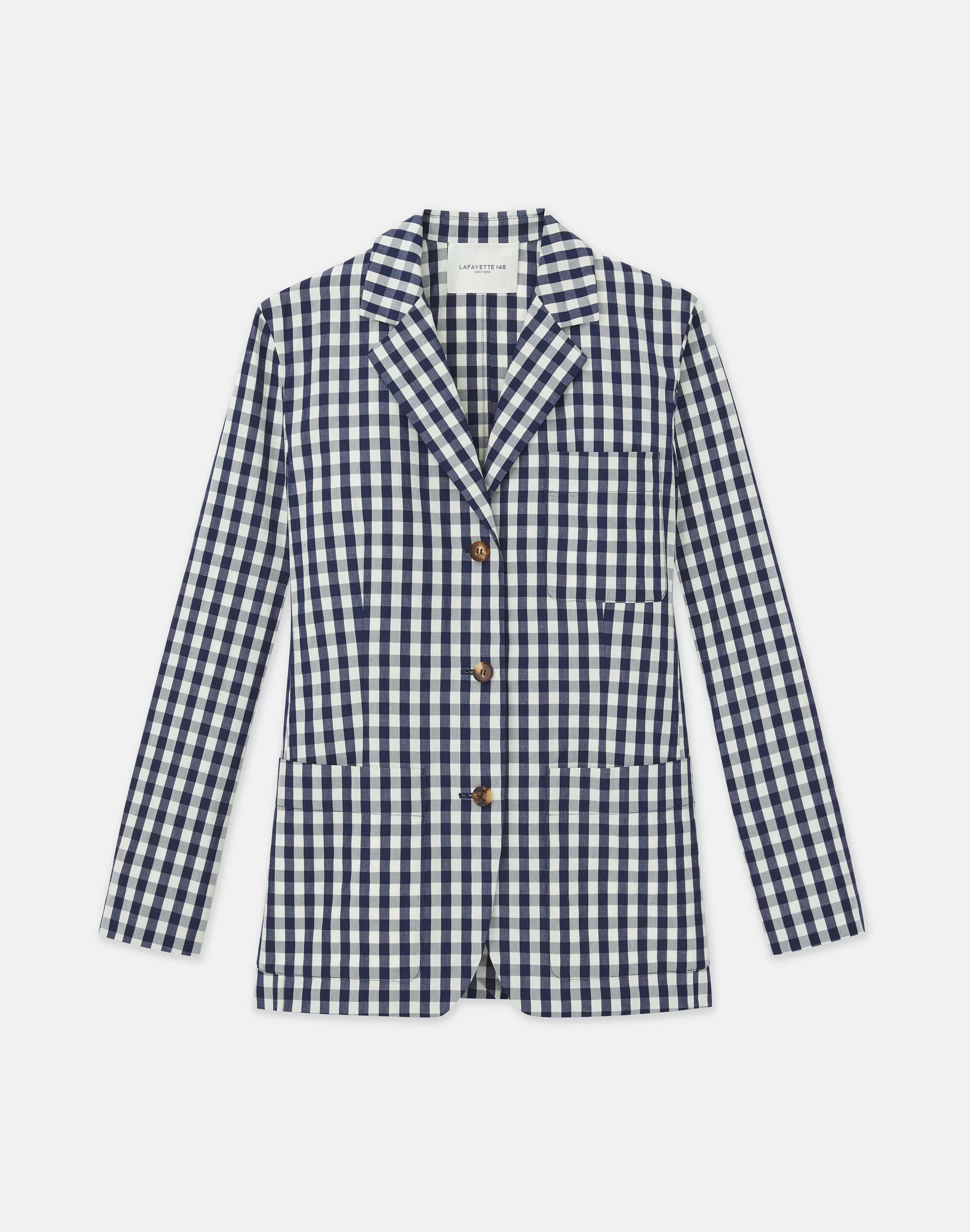 Gingham Crinkle Cotton-Linen Three Button Blazer<Lafayette 148 New York Clearance