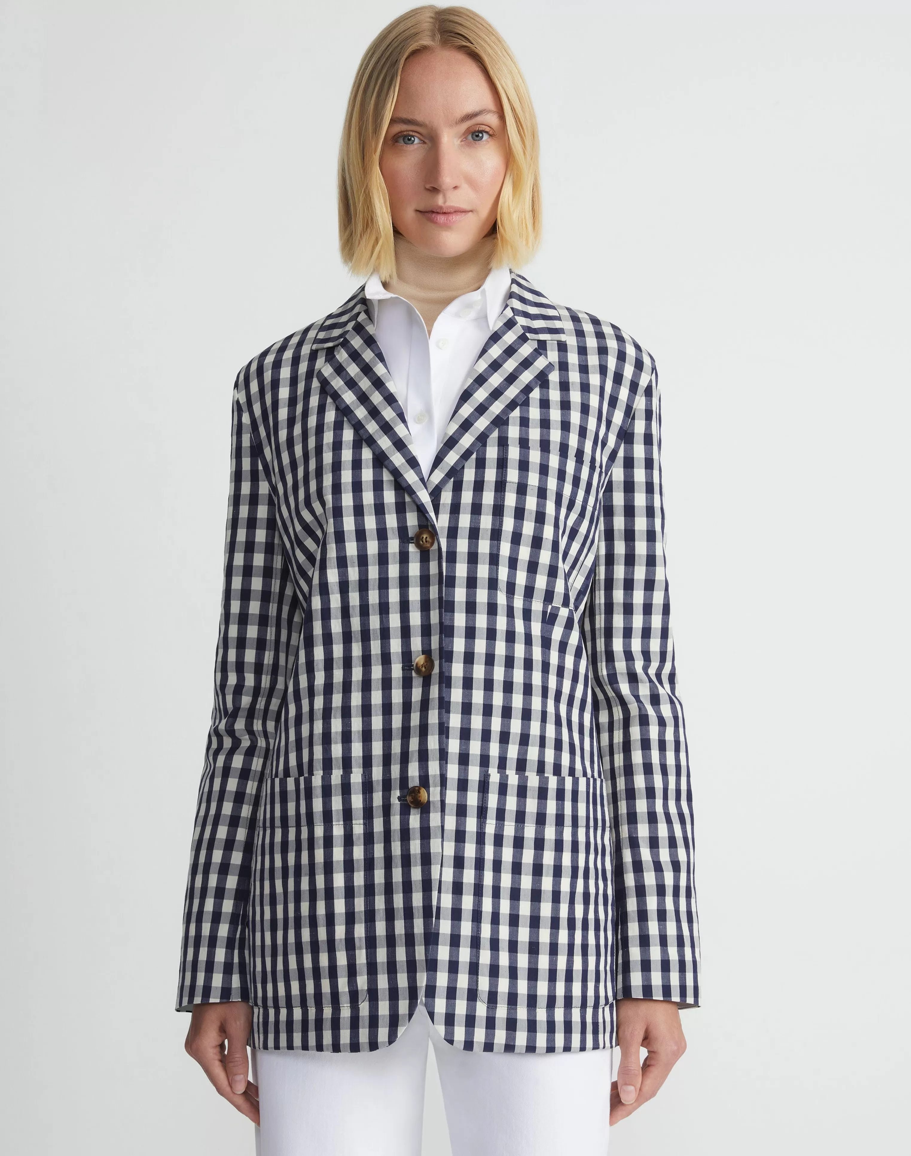 Gingham Crinkle Cotton-Linen Three Button Blazer<Lafayette 148 New York Clearance