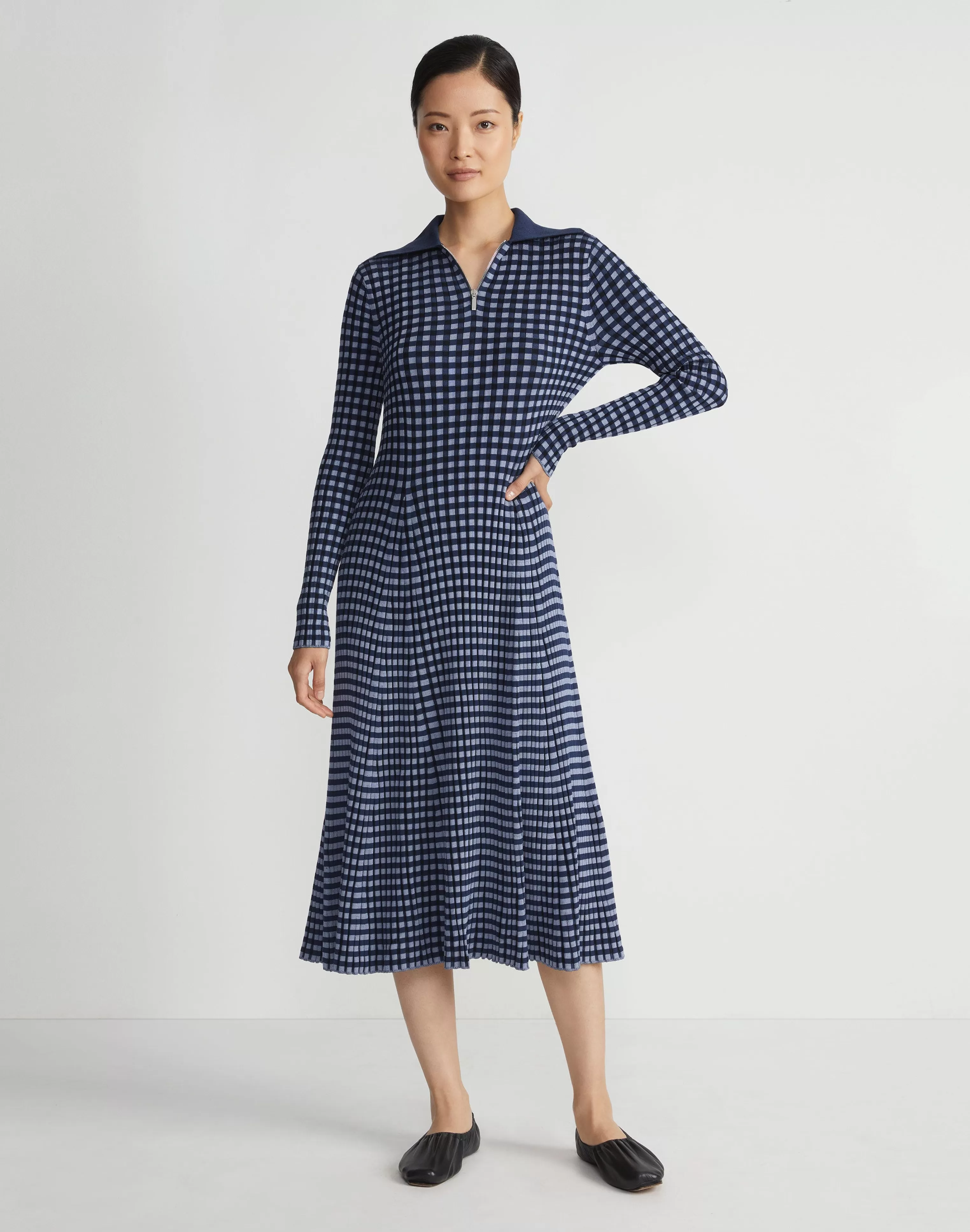 Gingham Responsible Matte Crepe Collared Half-Zip Dress<Lafayette 148 New York Cheap