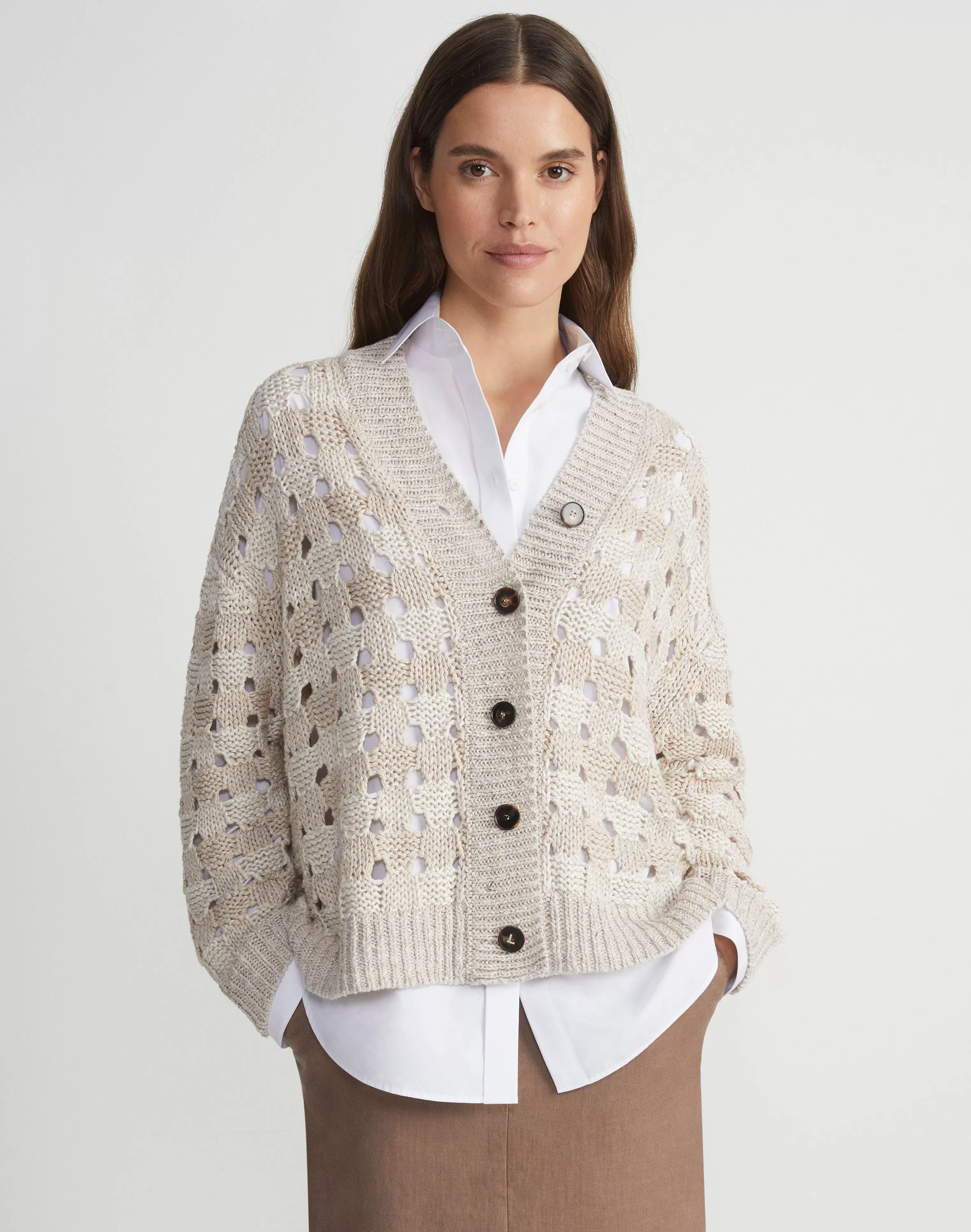 Gingham Sustainable Linen-Silk Chainette Open Stitch Cardigan<Lafayette 148 New York Best Sale