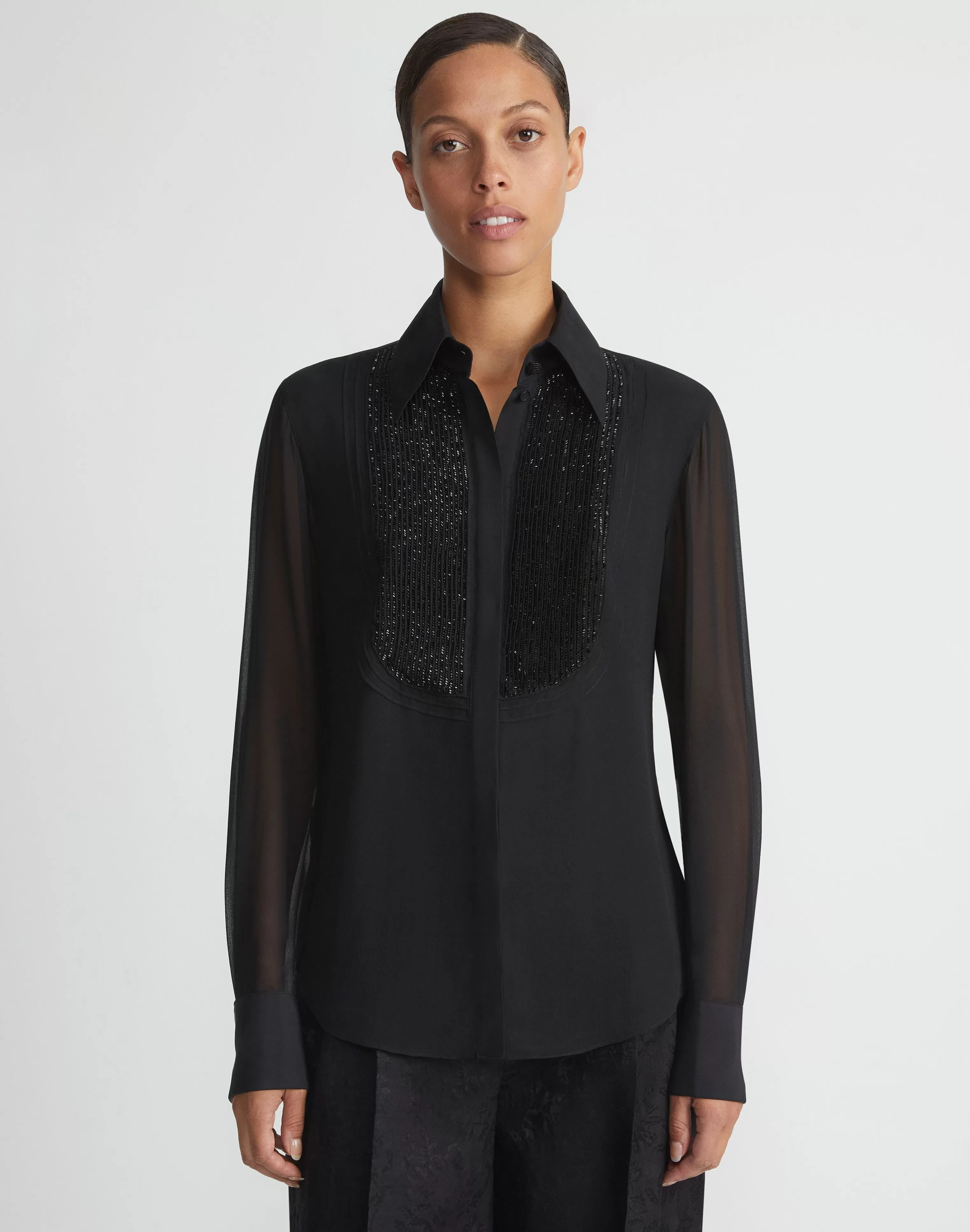 Hand-Beaded Silk Georgette Pintuck Blouse<Lafayette 148 New York Best