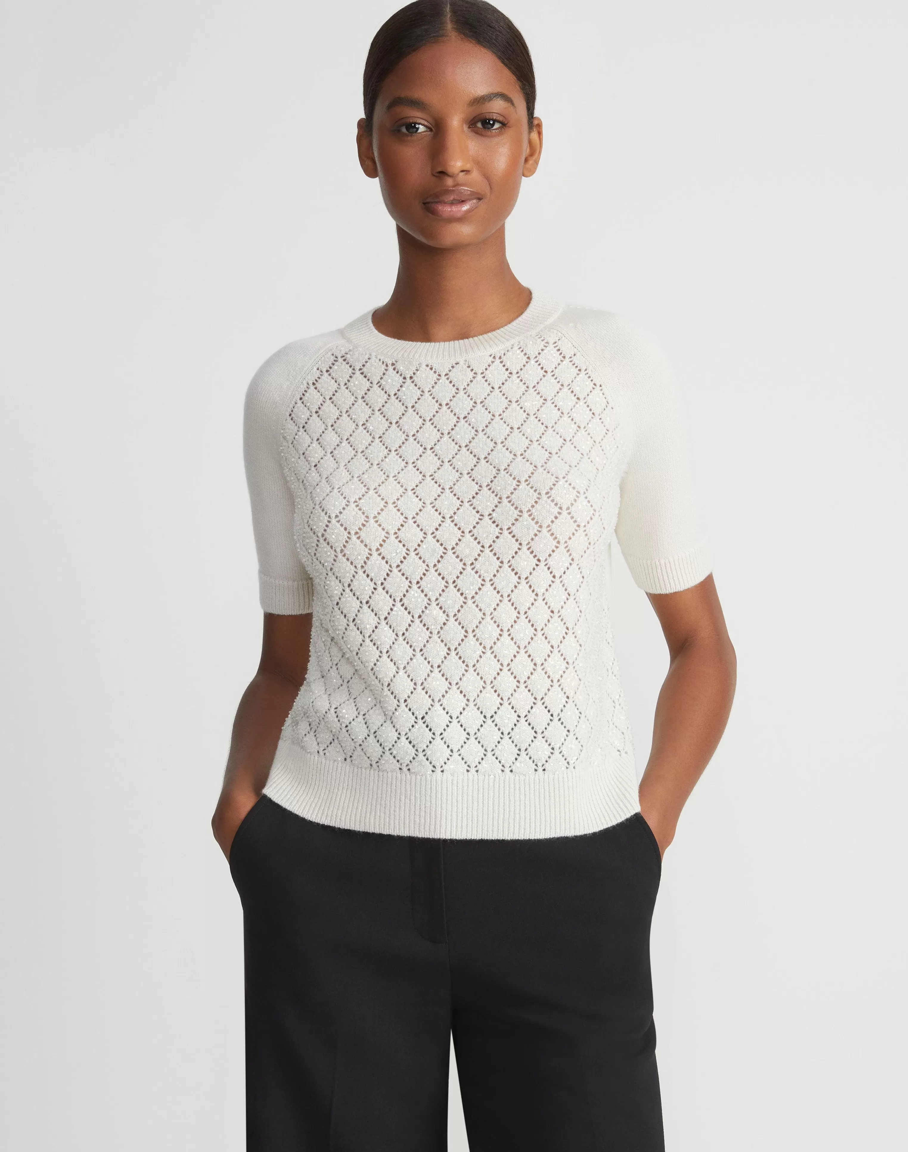 Hand-Embellished Cashmere Lace Stitch Short Sleeve Sweater<Lafayette 148 New York Hot