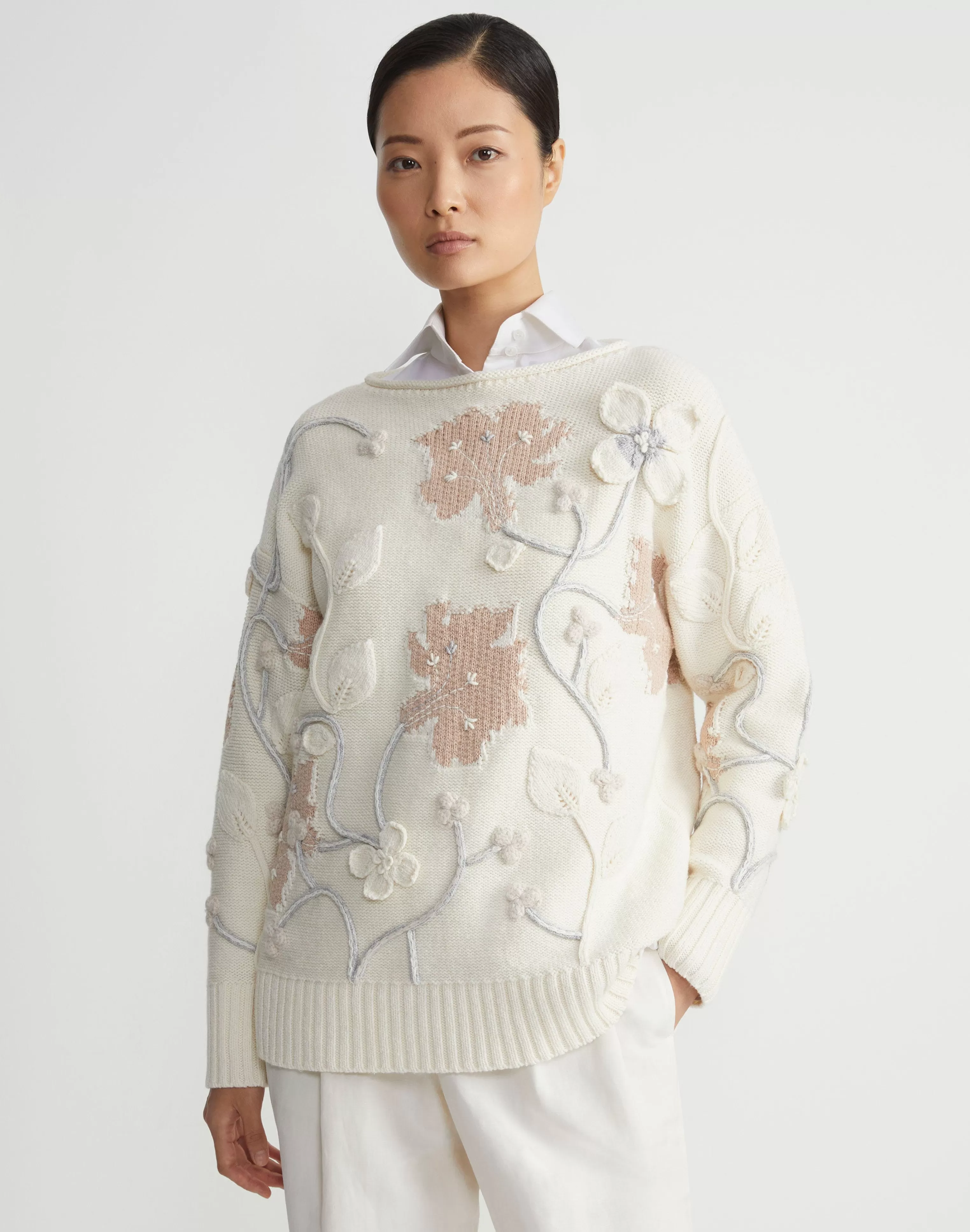 Hand-Embroidered Flora Bloom Cotton-Wool Chainette Sweater<Lafayette 148 New York Cheap