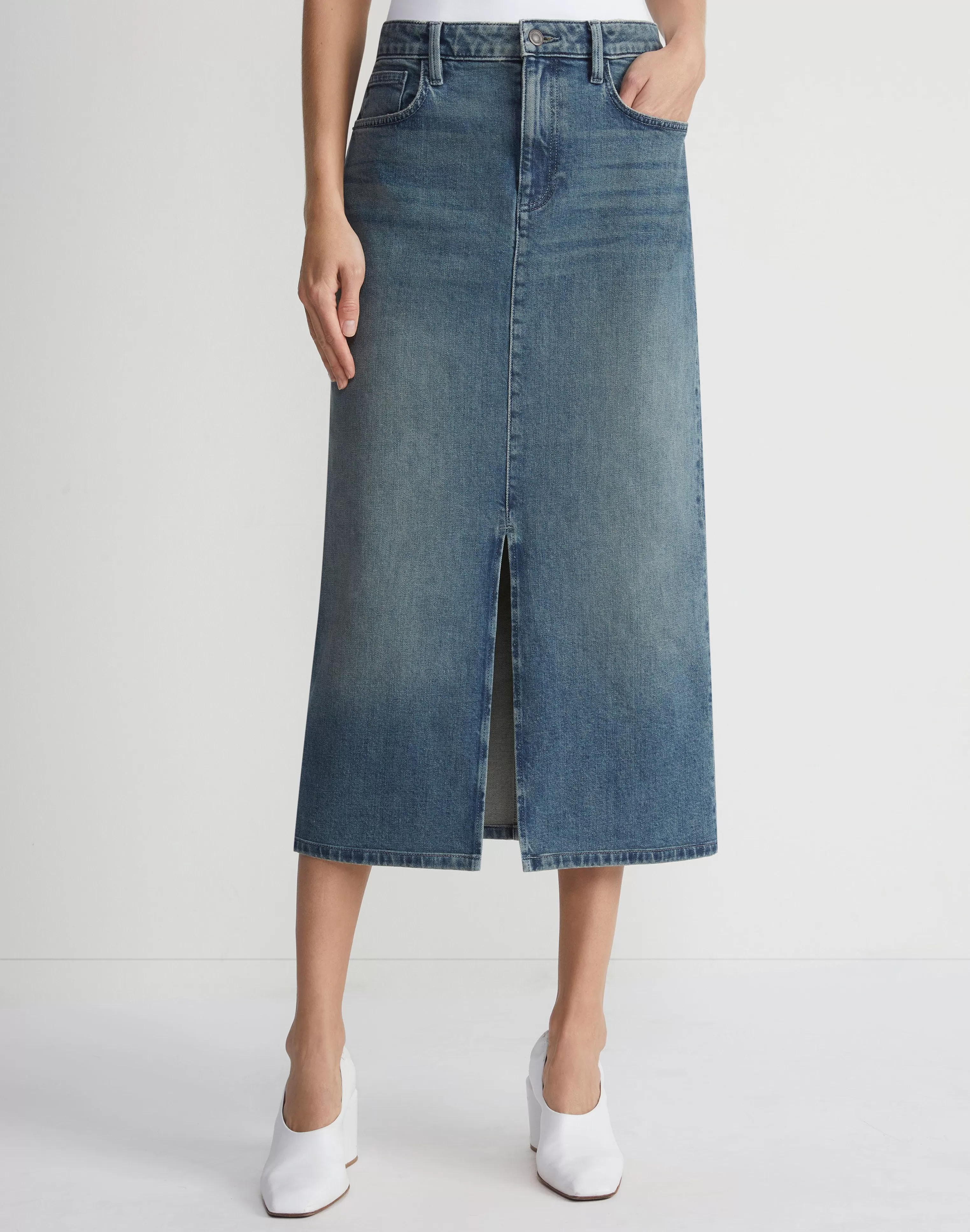 L148 Denim Slit Front Midi Skirt<Lafayette 148 New York Best Sale