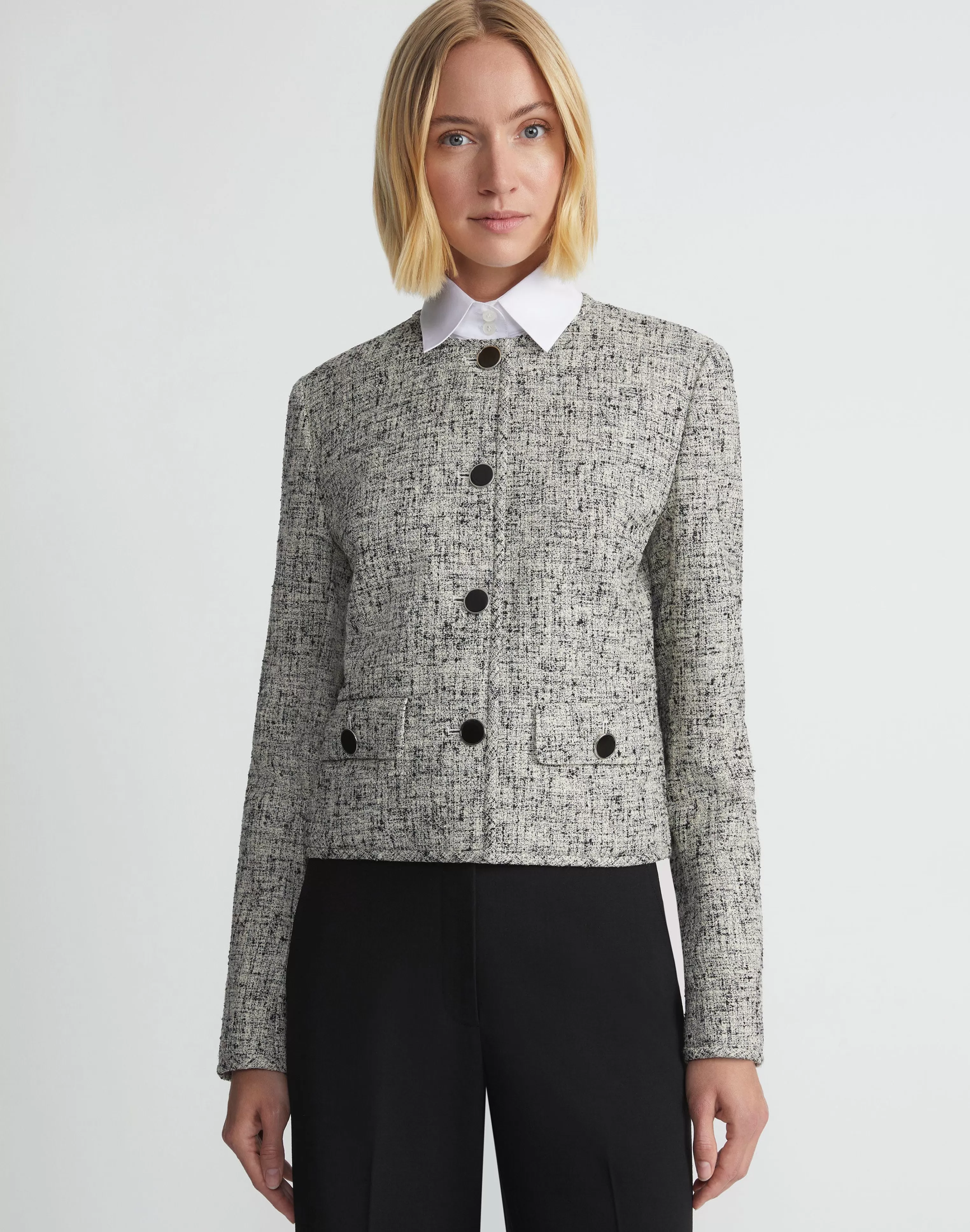 Linen-Cotton Bouclé Tweed Collarless Buttoned Jacket<Lafayette 148 New York Flash Sale