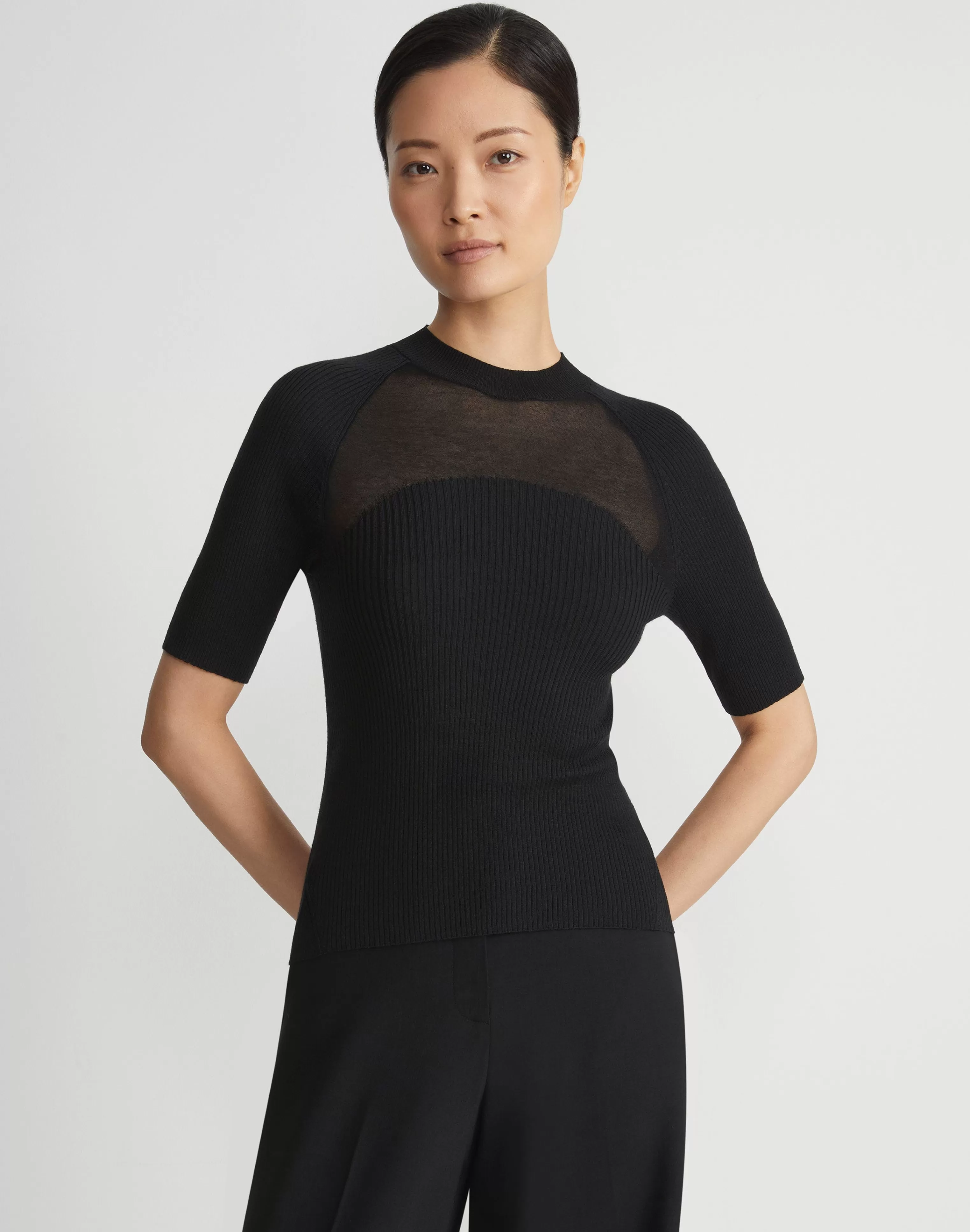 Merino-Silk Ribbed Sheer Yoke Sweater<Lafayette 148 New York New