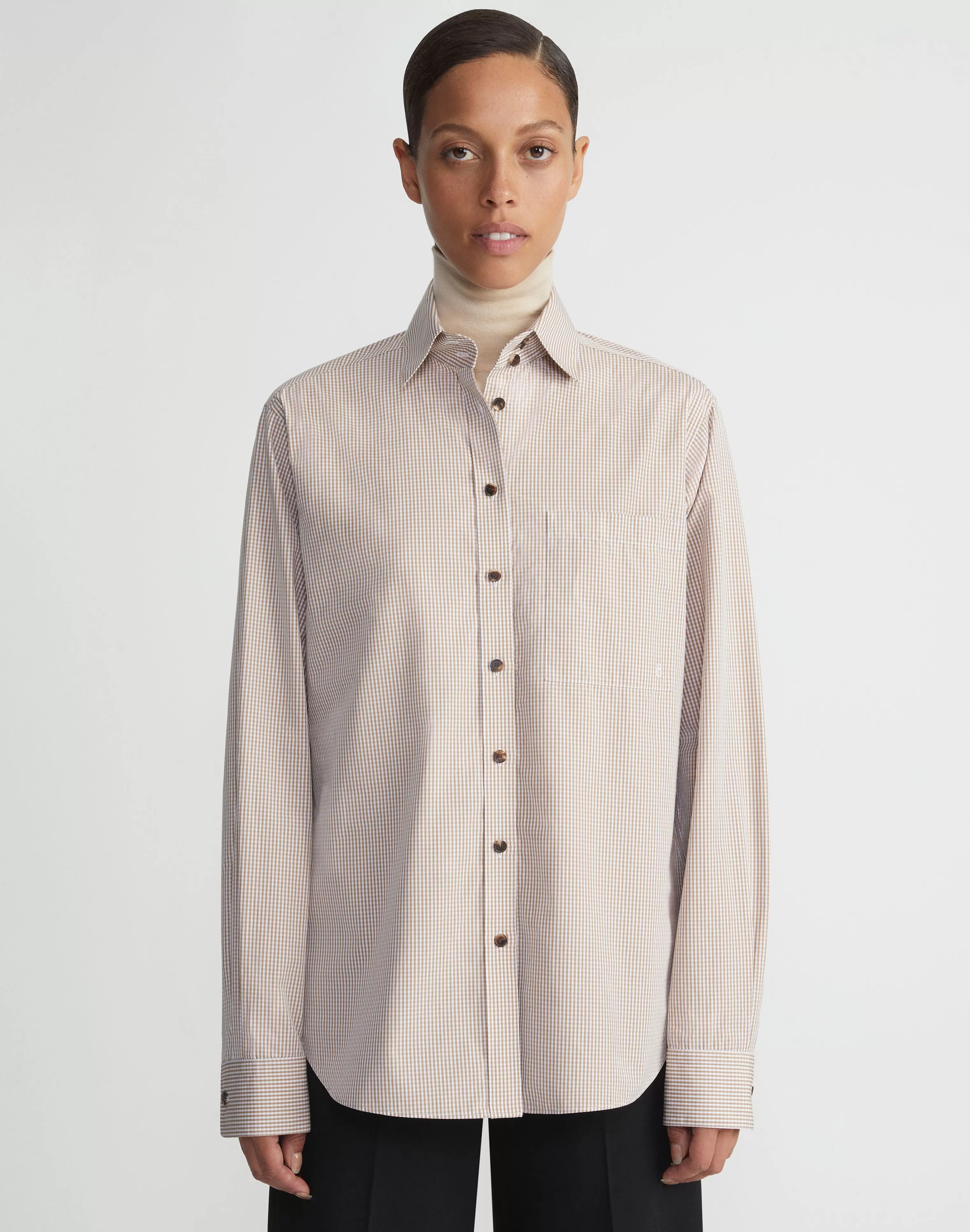 Micro Gingham Cotton Poplin High Collar Shirt<Lafayette 148 New York Cheap