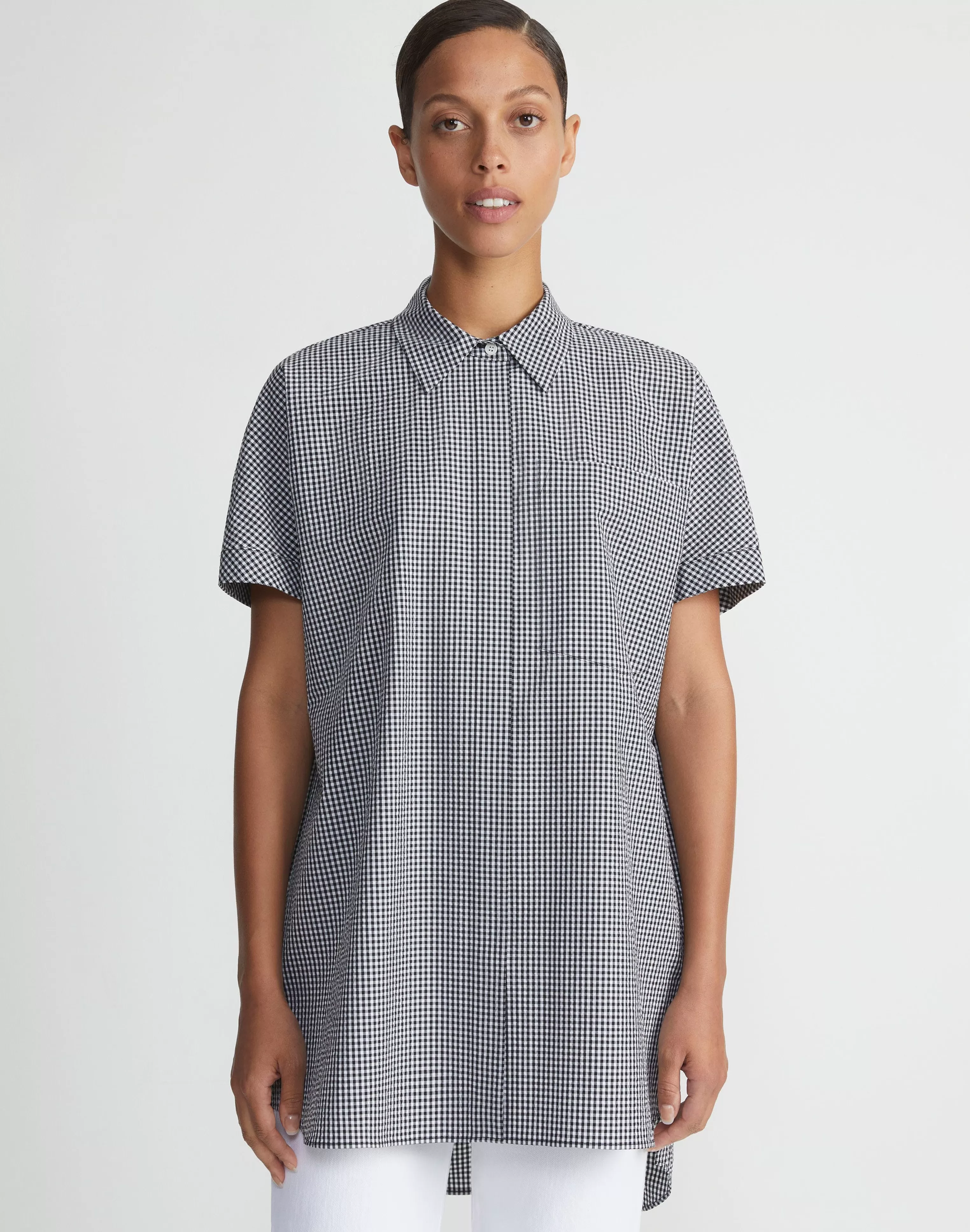 Micro Gingham Cotton Seersucker Oversized Shirt<Lafayette 148 New York Sale