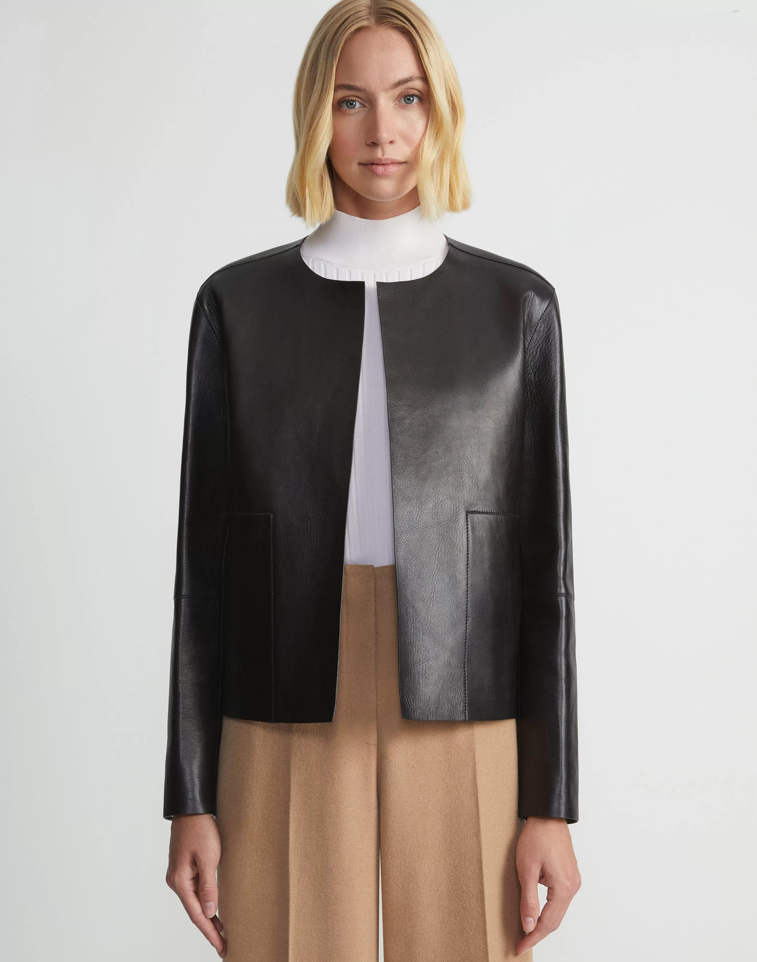 Nappa Leather Collarless Open Front Jacket<Lafayette 148 New York Best Sale