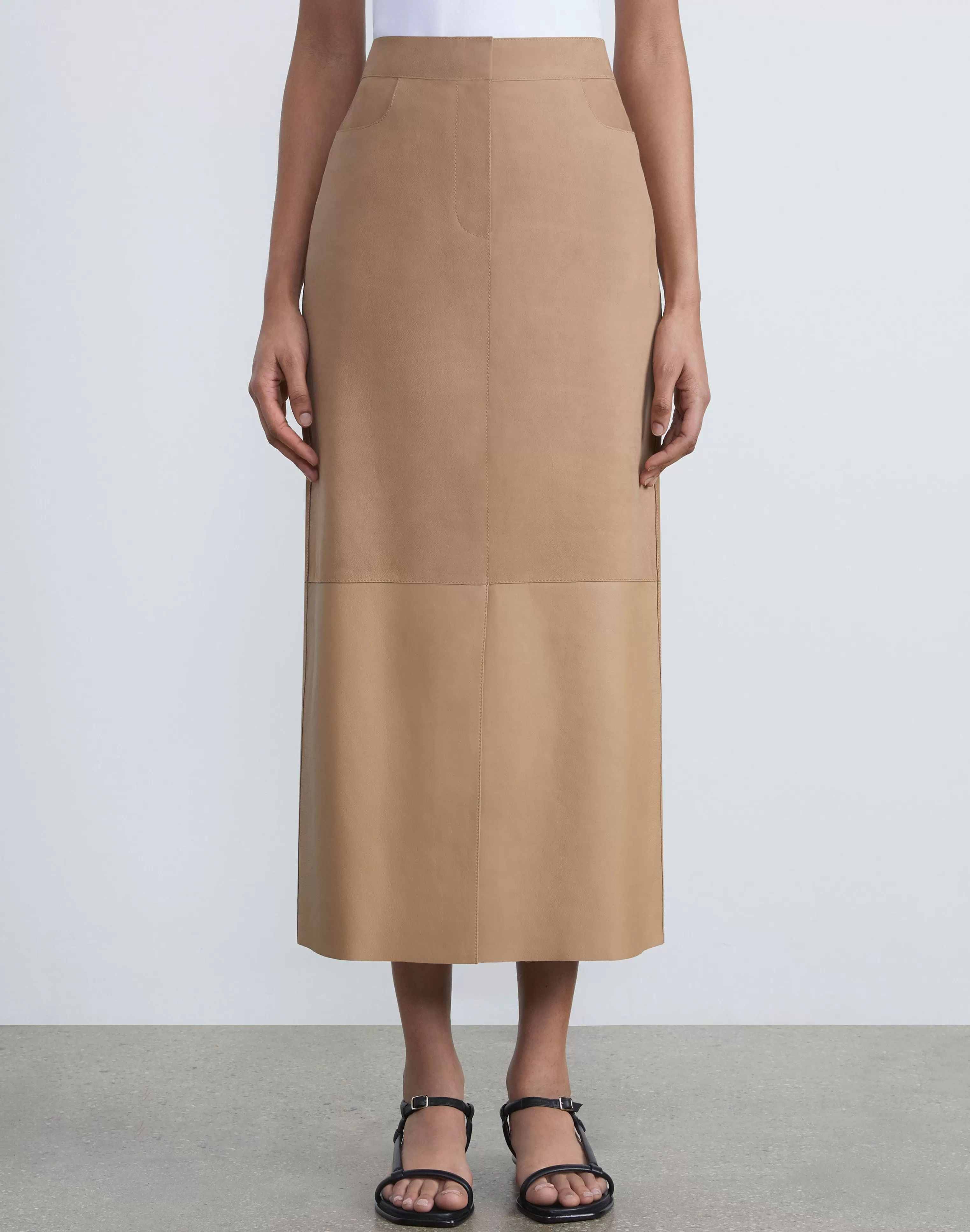 Nubuck Suede & Nappa Leather Two-Tone Midi Skirt<Lafayette 148 New York New