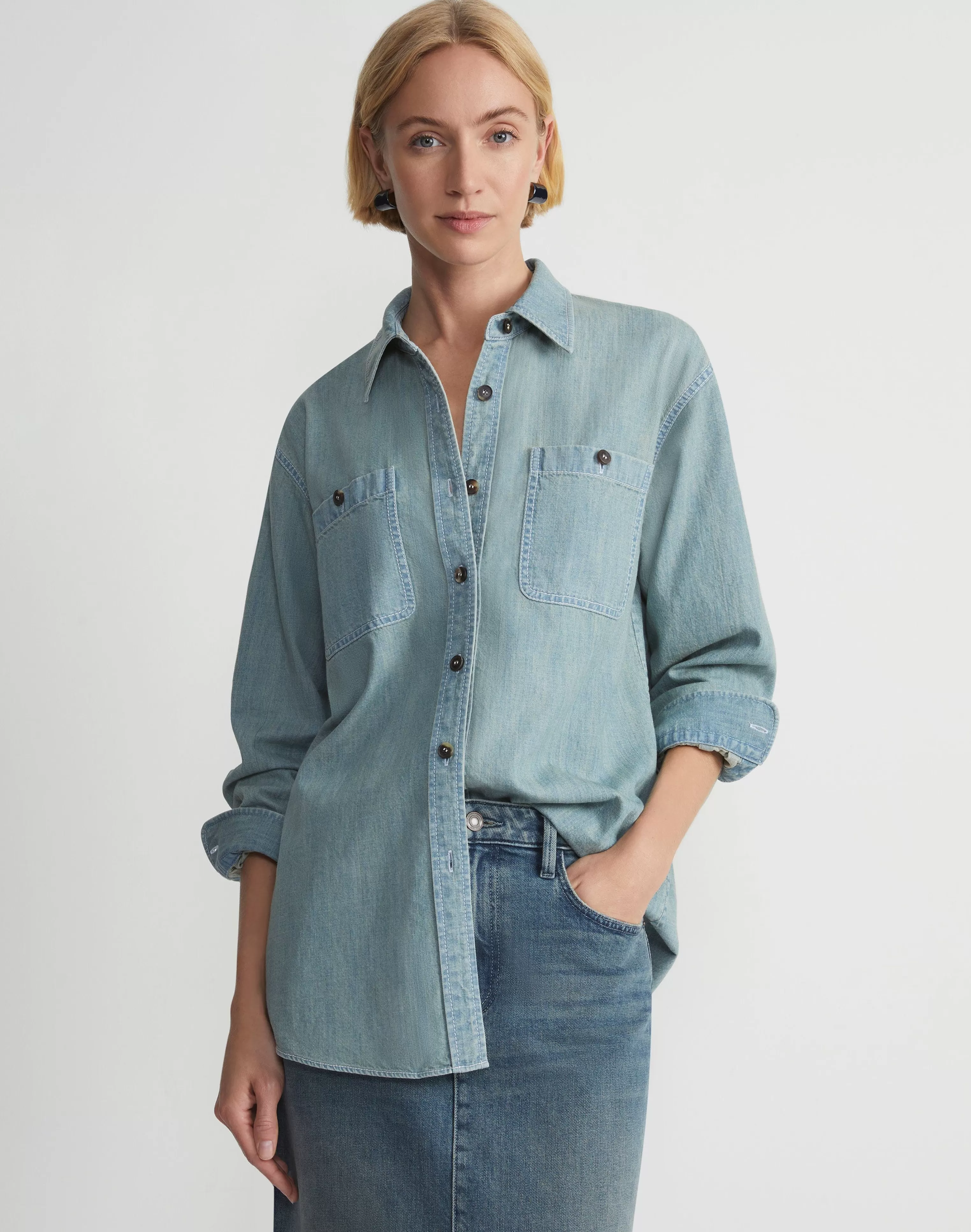 Organic Cotton Chambray Pocket Shirt<Lafayette 148 New York Outlet