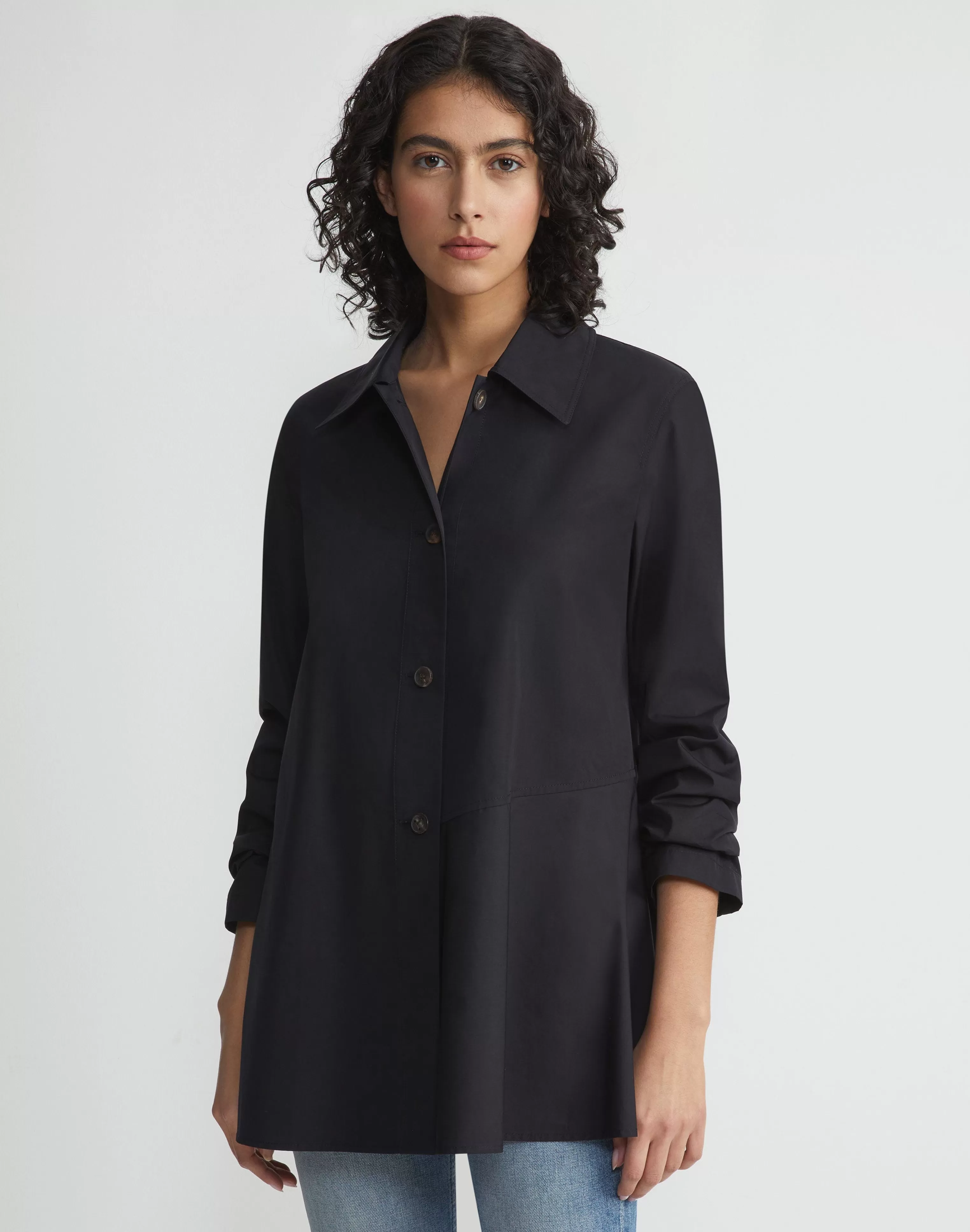 Organic Cotton Poplin Flounced Shirt Jacket<Lafayette 148 New York Fashion