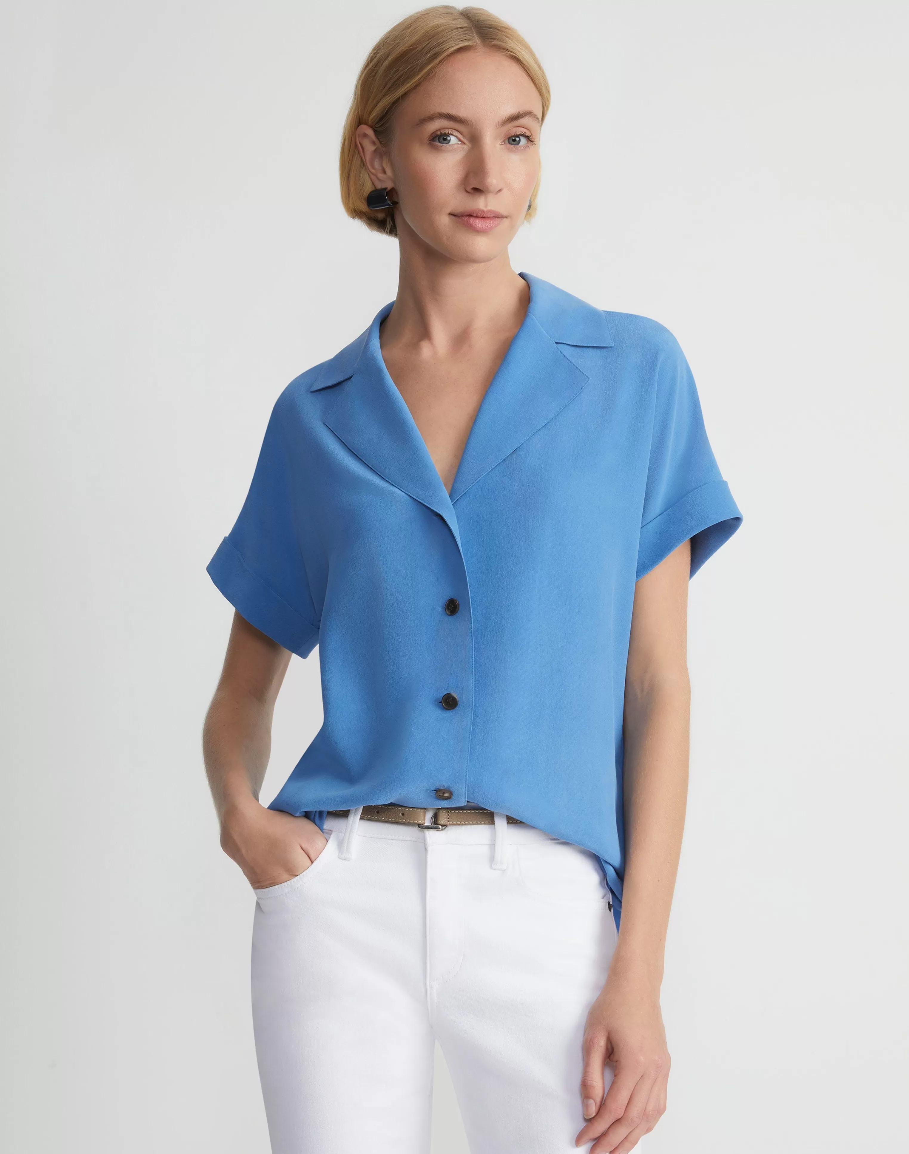 Sandwashed Silk Notch Collar Blouse<Lafayette 148 New York Cheap