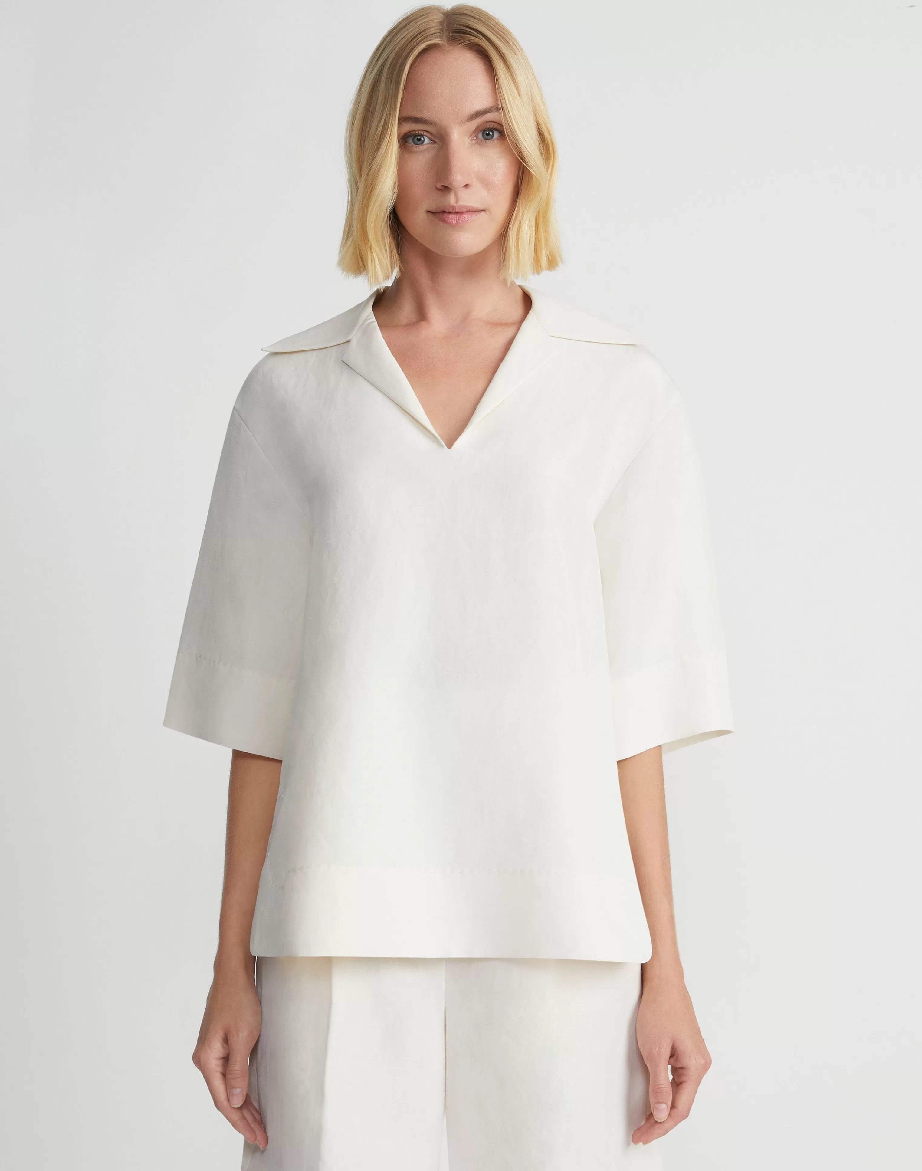 Silk-Linen Collared Popover Blouse<Lafayette 148 New York Cheap