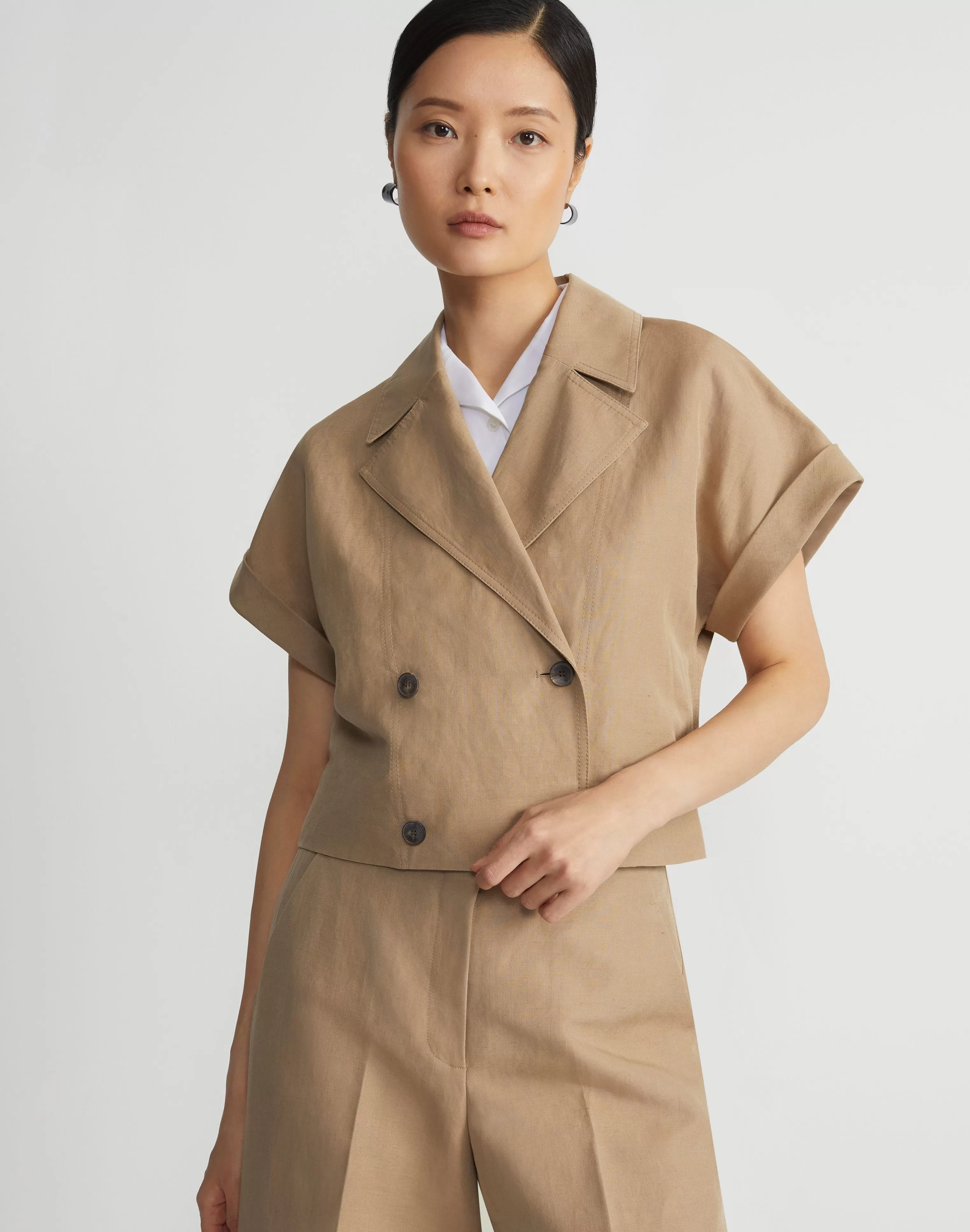 Silk-Linen Double Breasted Cropped Shirt Jacket<Lafayette 148 New York Fashion