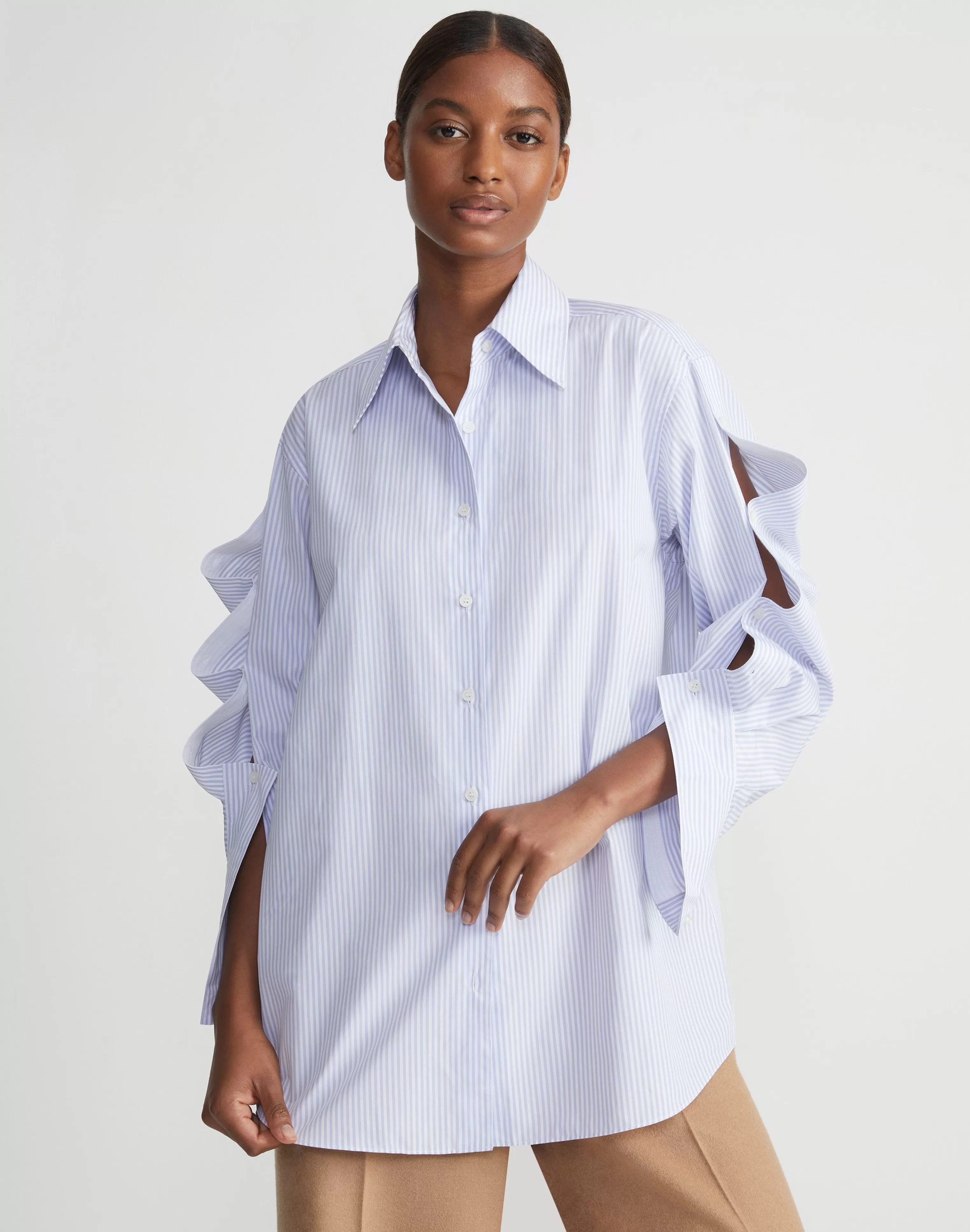 Stripe Cotton Poplin Button Sleeve Oversized Shirt<Lafayette 148 New York Shop