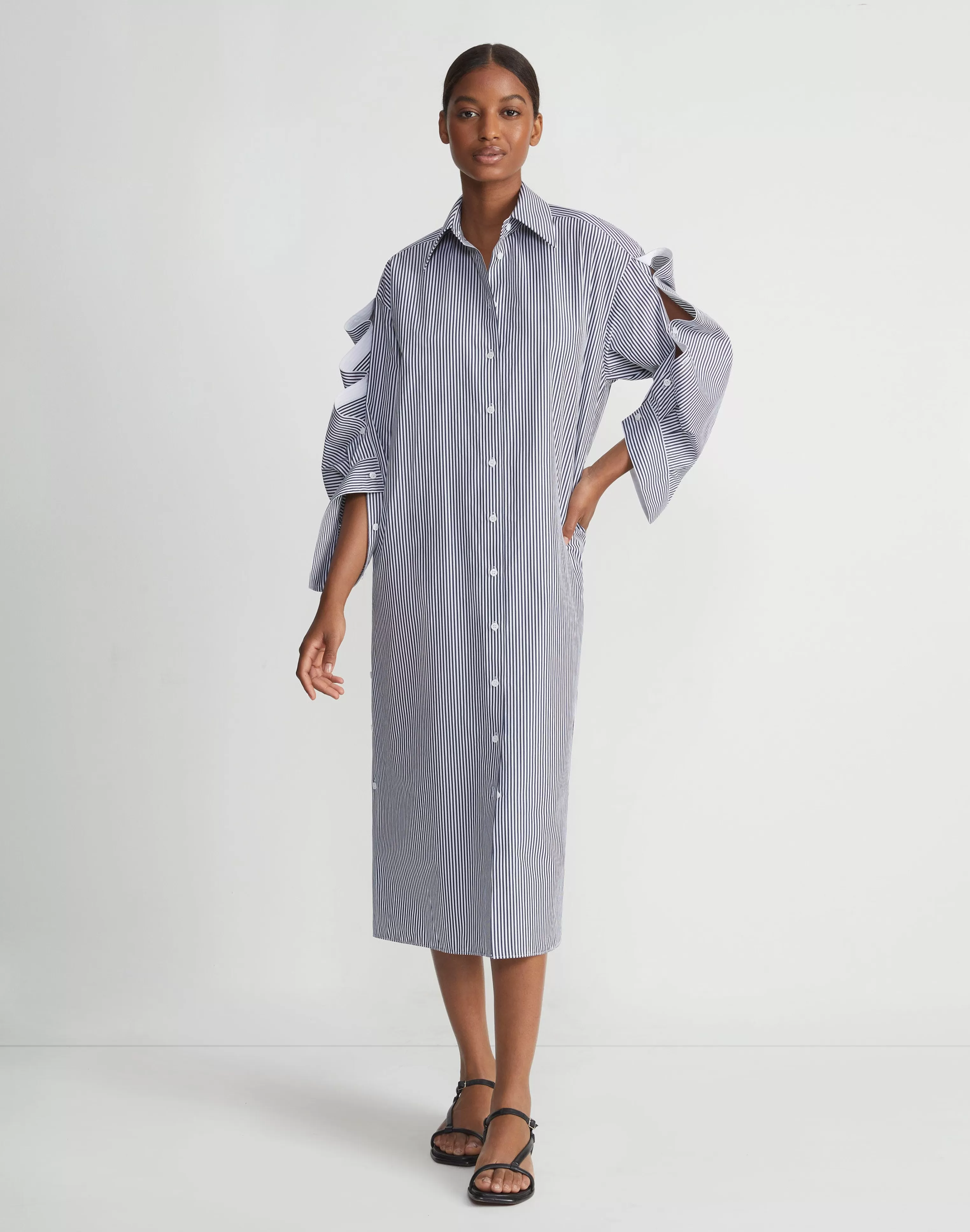 Stripe Cotton Poplin Button Sleeve Oversized Shirtdress<Lafayette 148 New York Cheap