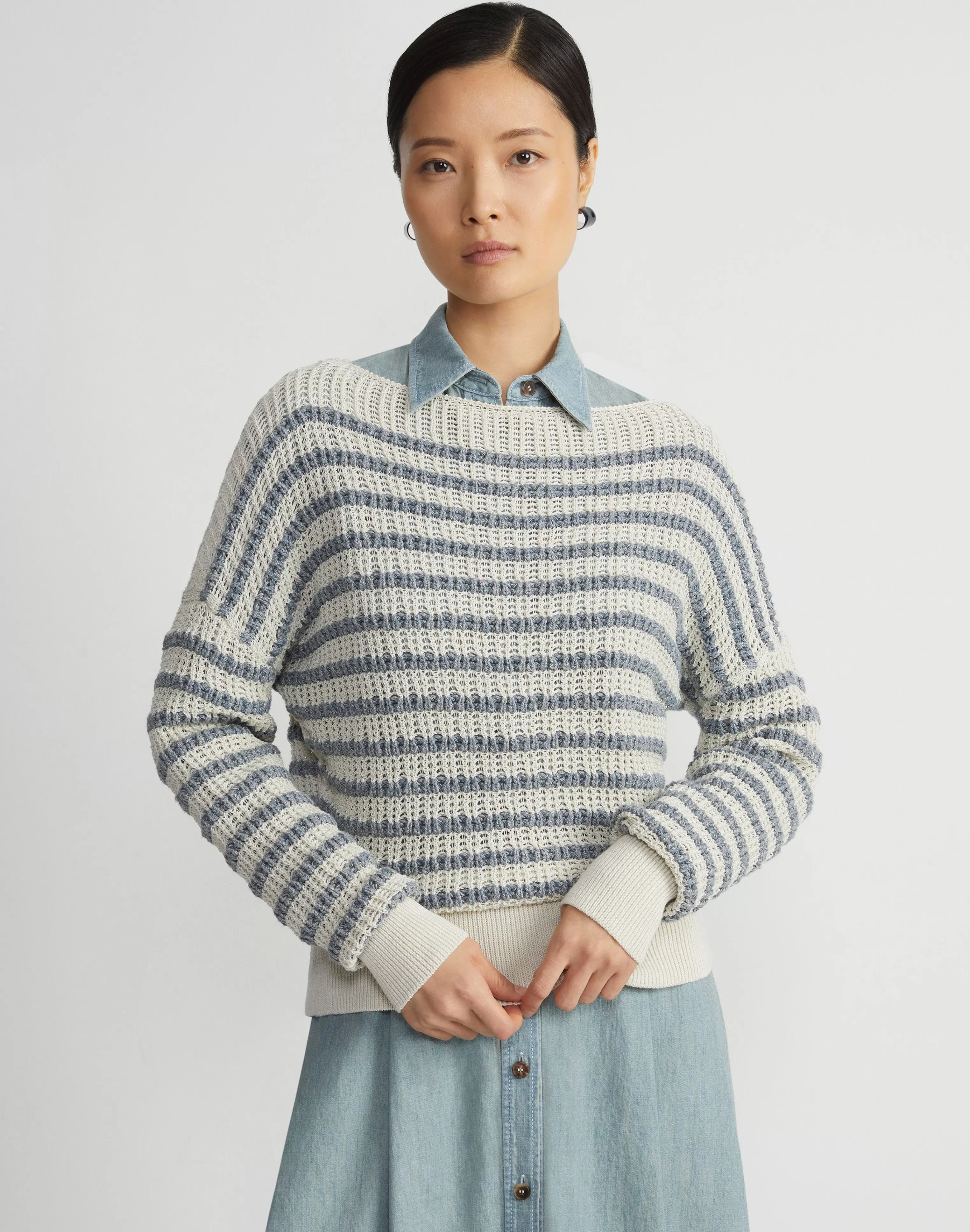 Stripe Organic Cotton & Denim Yarn Bateau Sweater<Lafayette 148 New York Hot