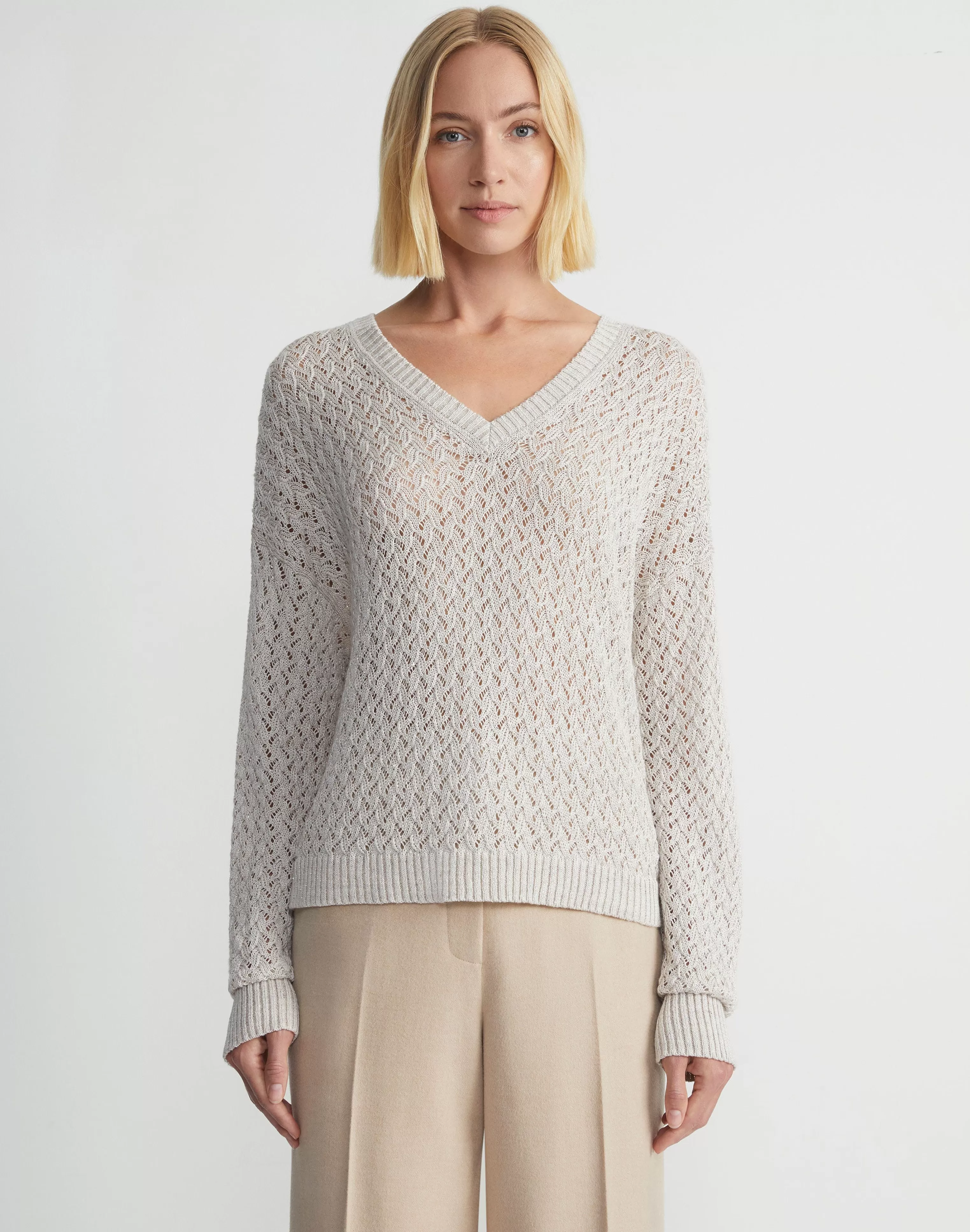 Sustainable Linen-Silk Sequin Cable V-Neck Sweater<Lafayette 148 New York Sale