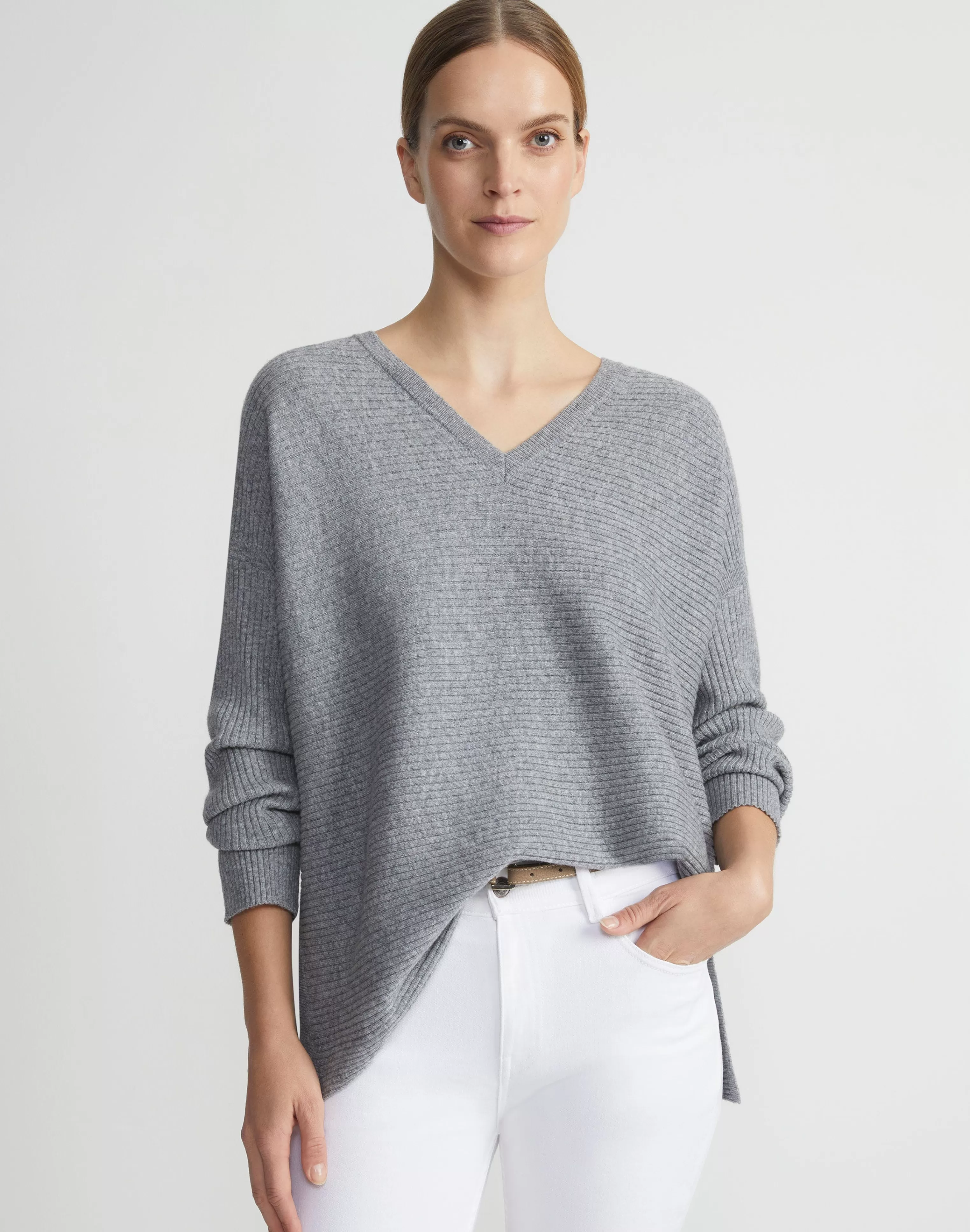 Wool-Cashmere Ribbed V-Neck Sweater<Lafayette 148 New York Best